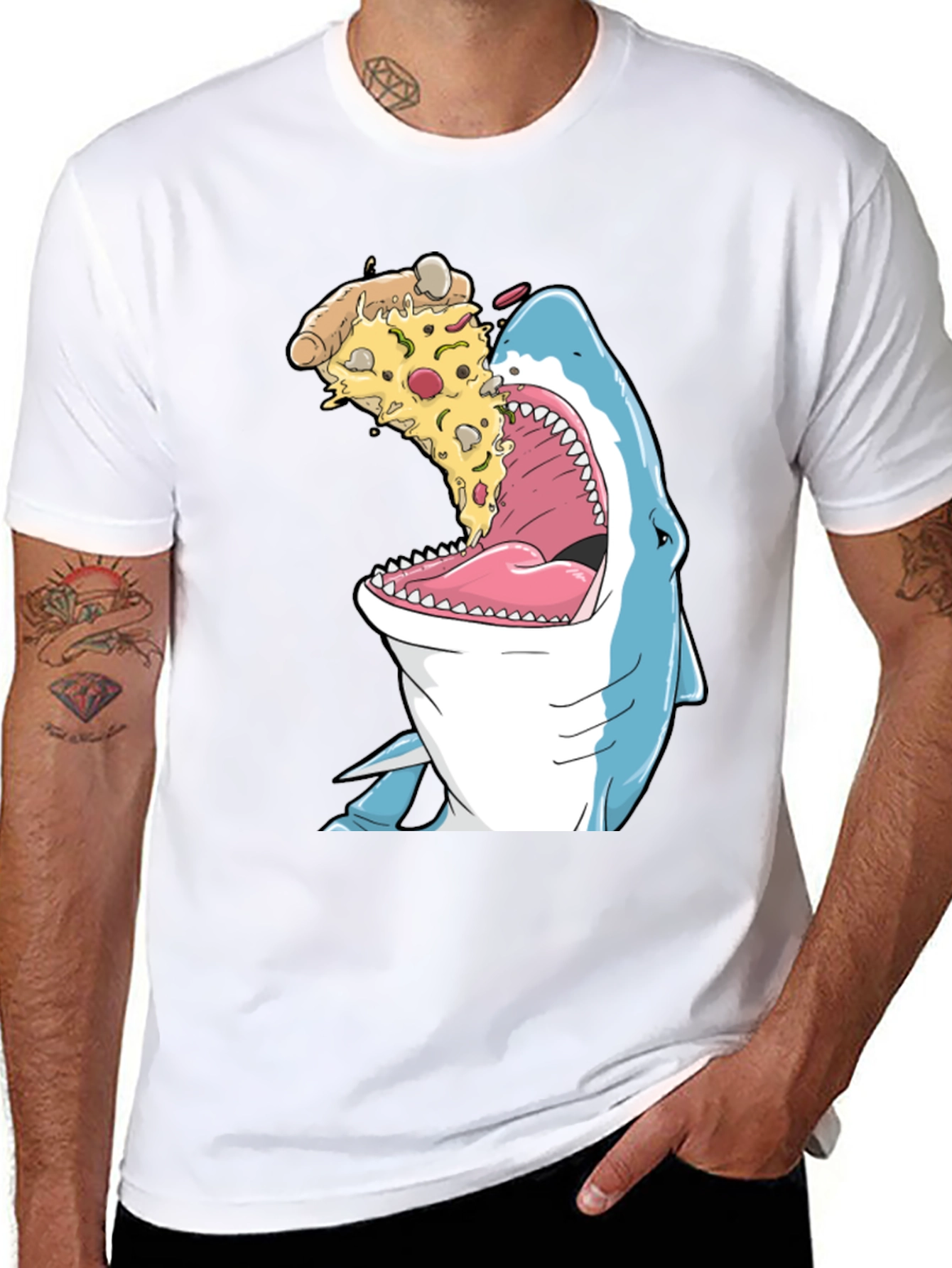 Shark Eating Pizza Funny Graphic T-Shirt