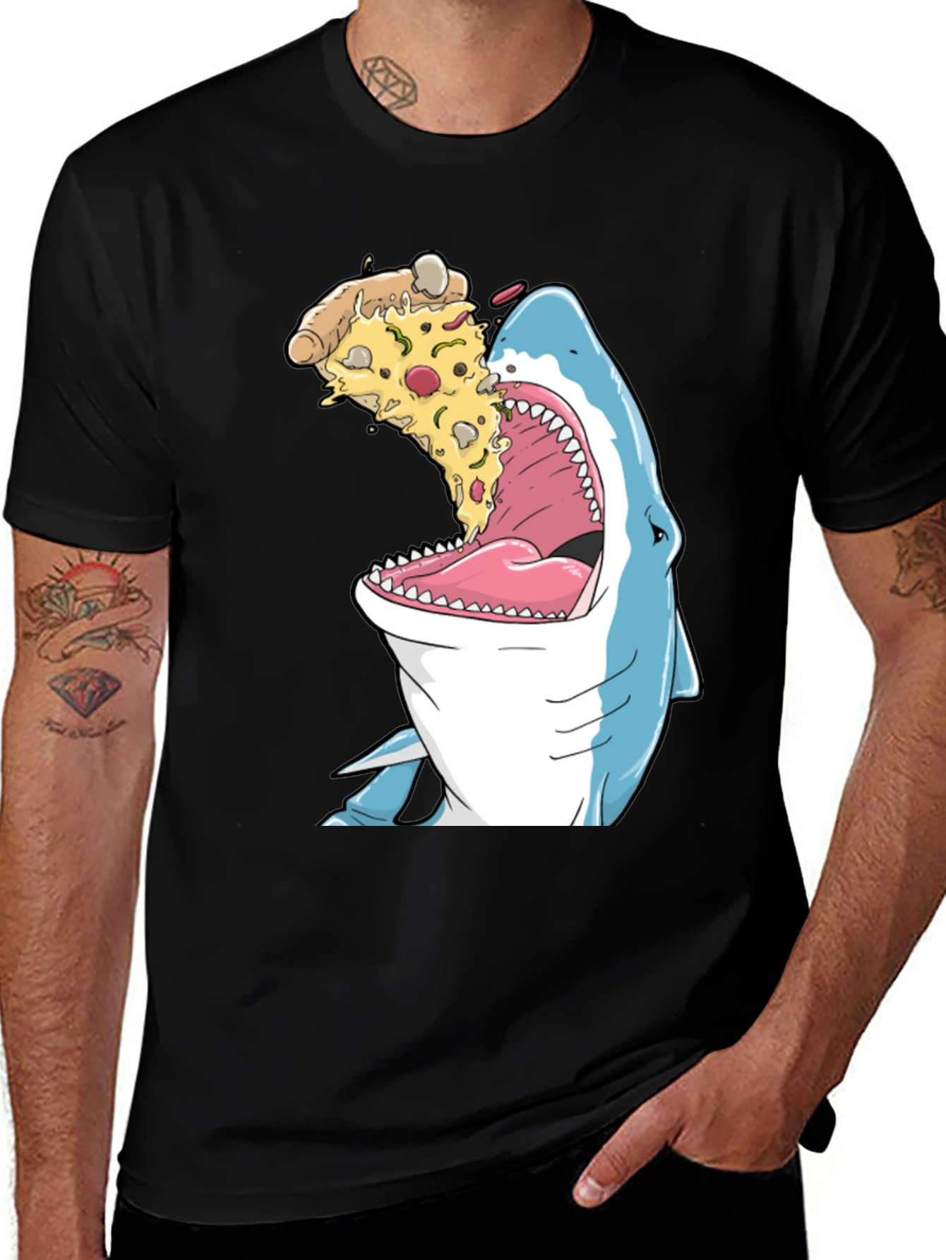 Shark Eating Pizza Funny Graphic T-Shirt