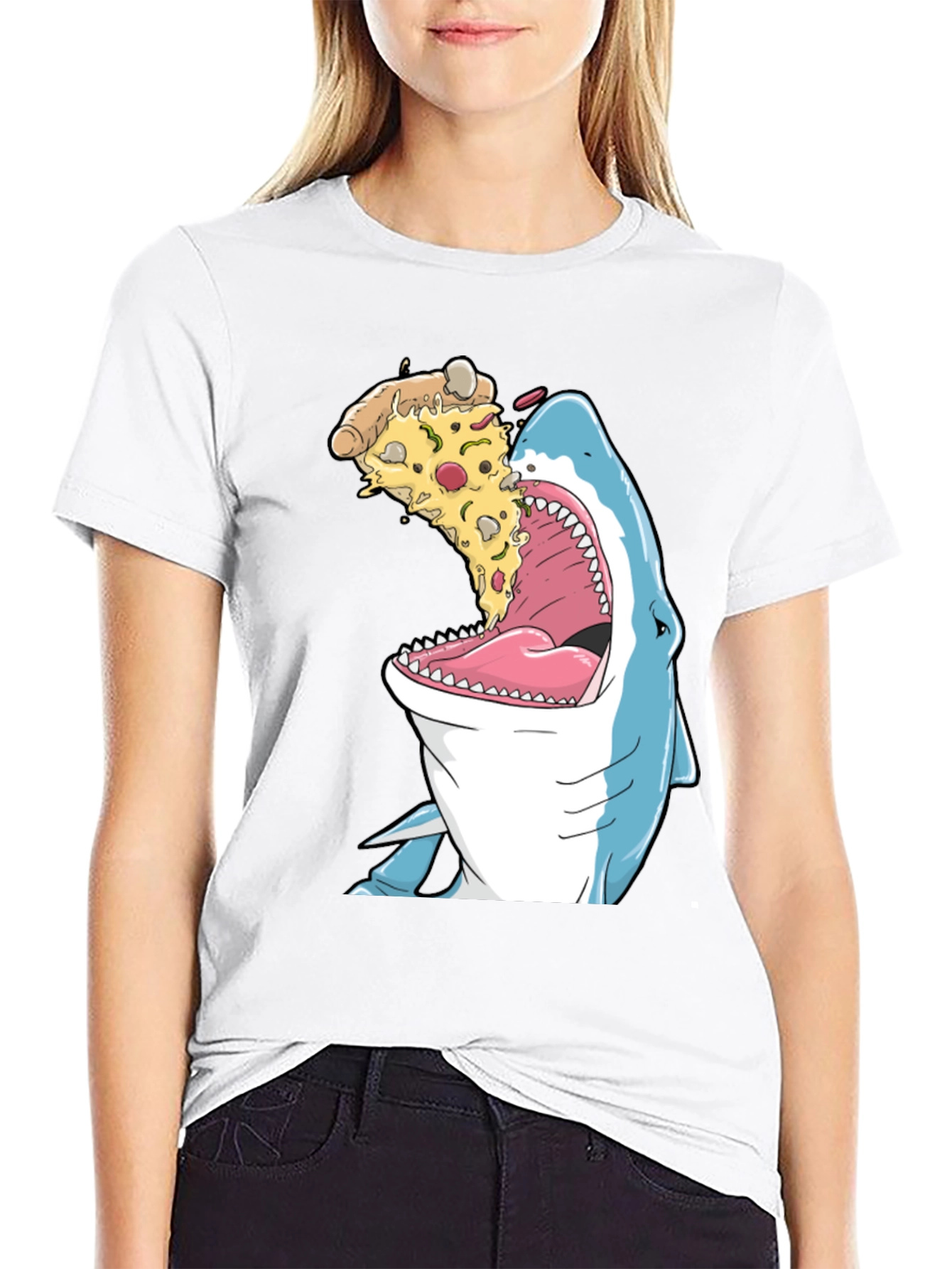 Shark Eating Pizza Funny Graphic T-Shirt
