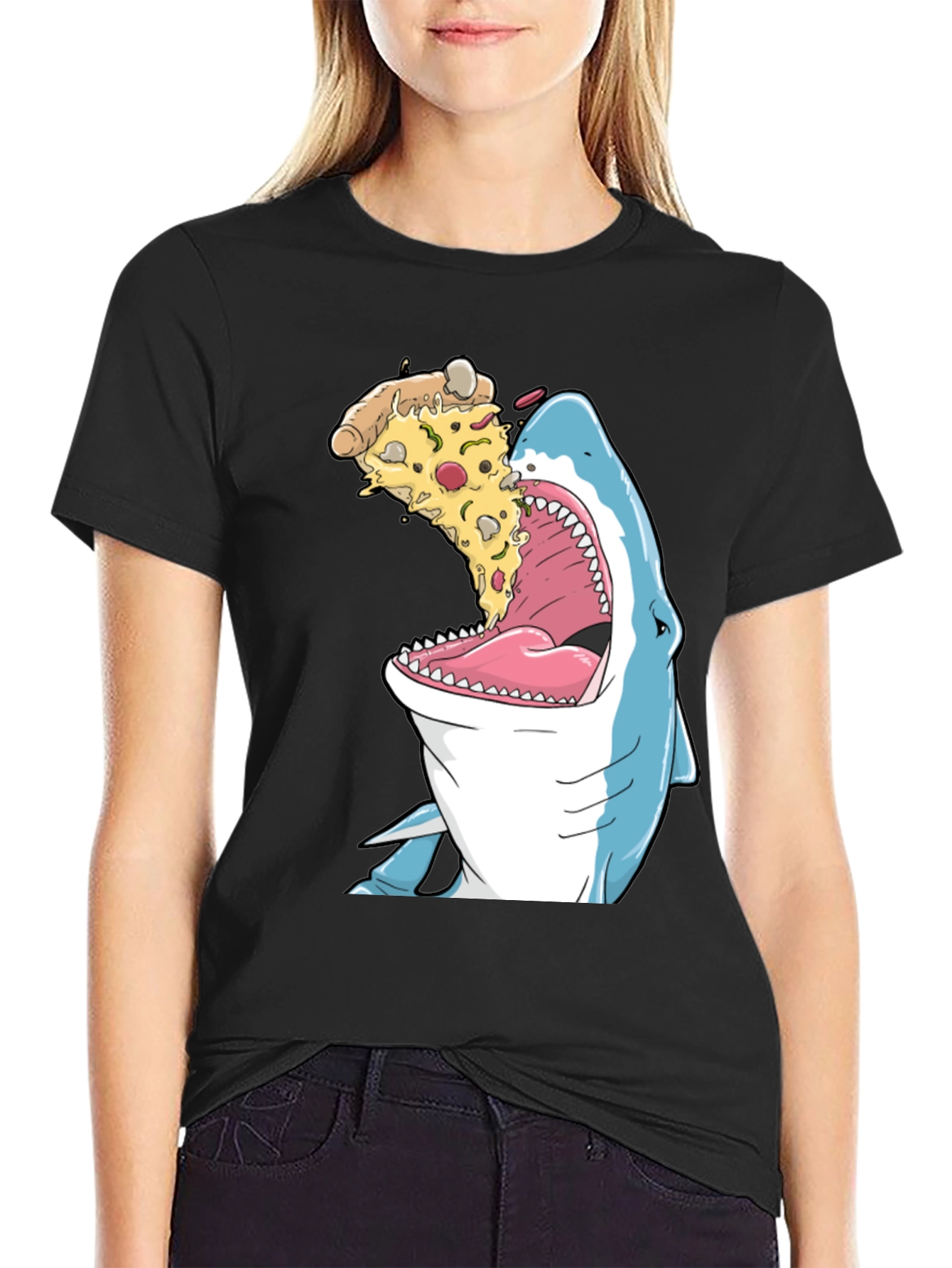 Shark Eating Pizza Funny Graphic T-Shirt