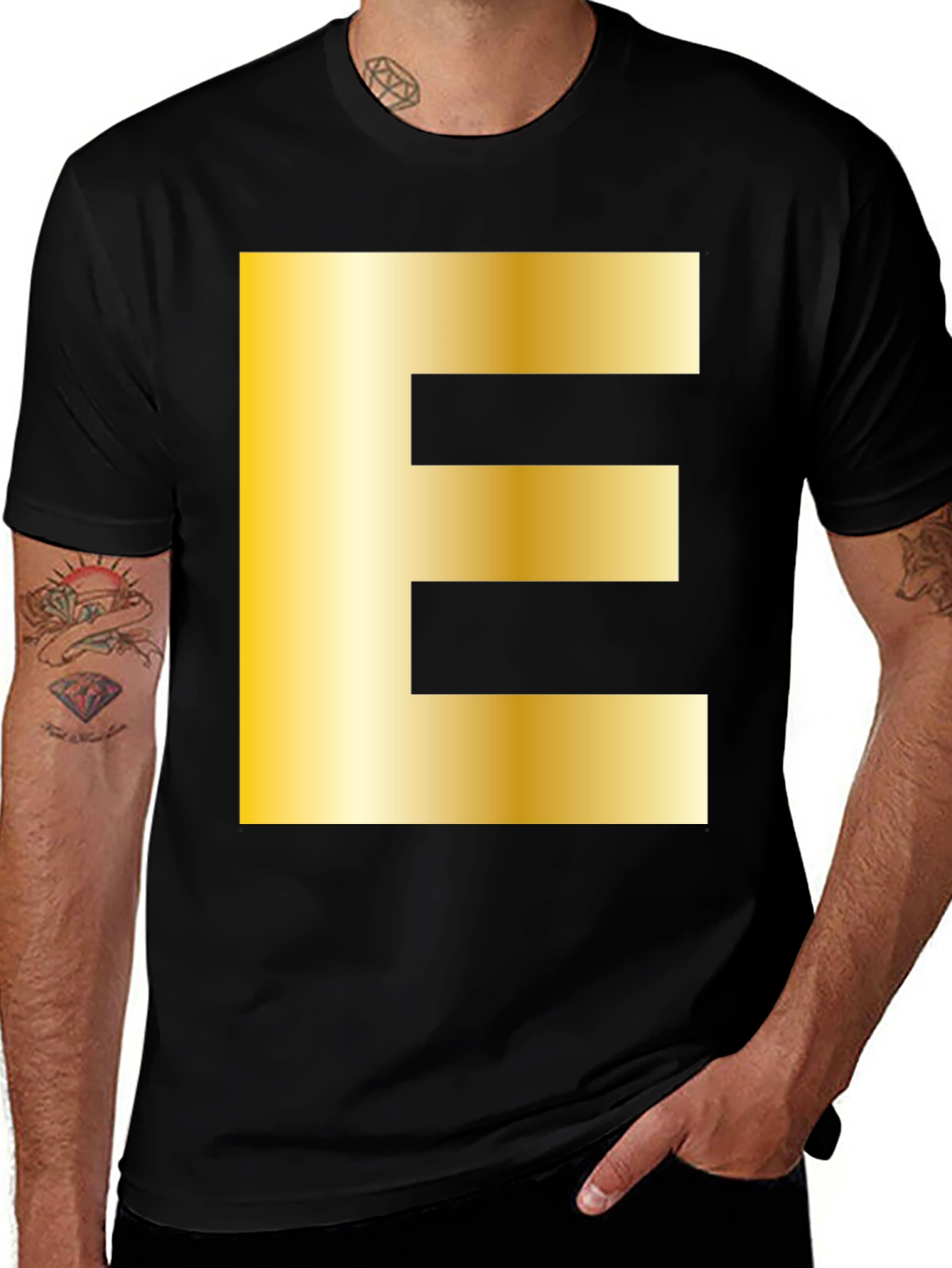 Golden Letter E T-Shirt - Stylish Alphabet Tee