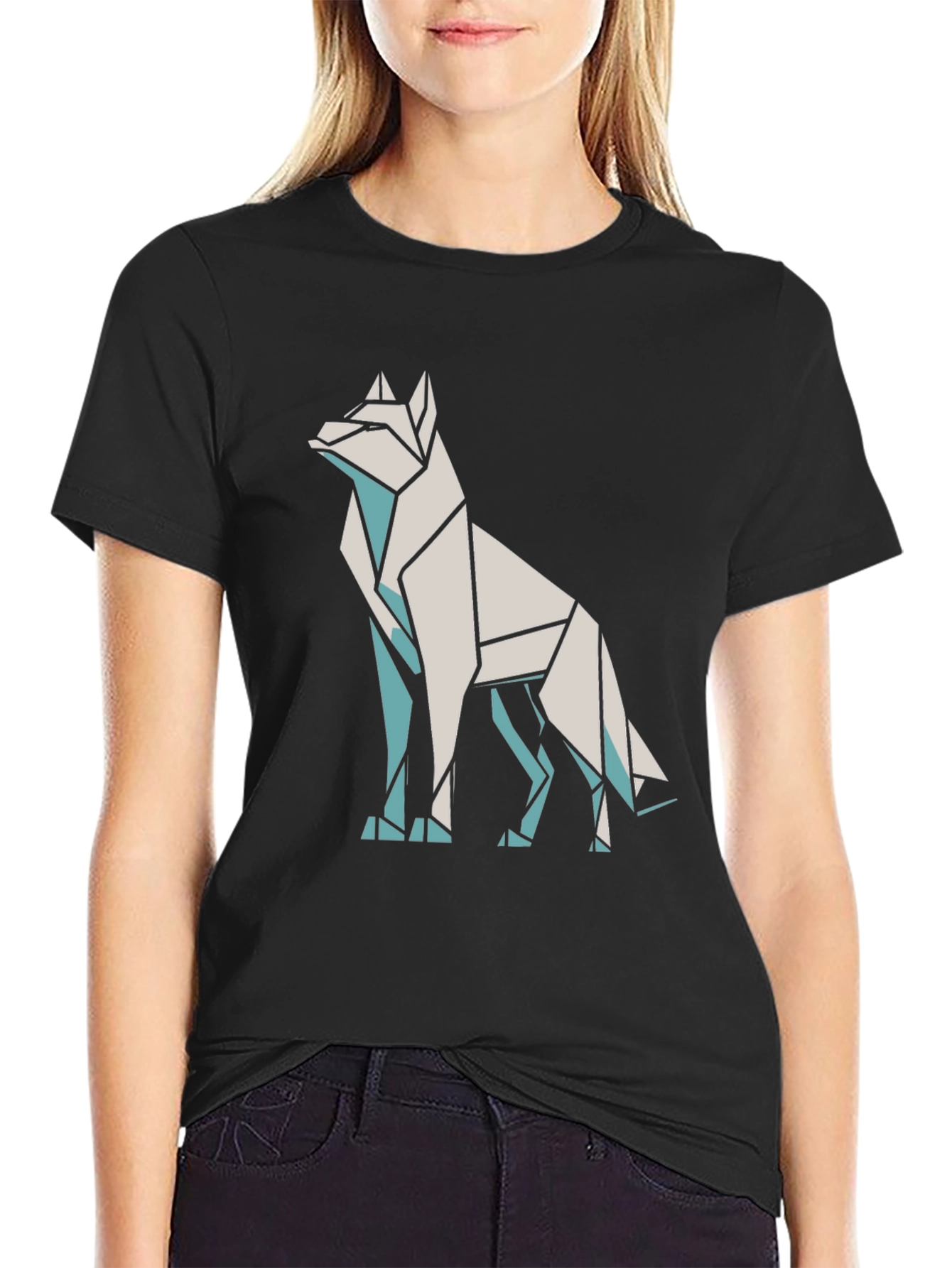 Geometric Wolf Graphic Tee - Black Cotton Blend