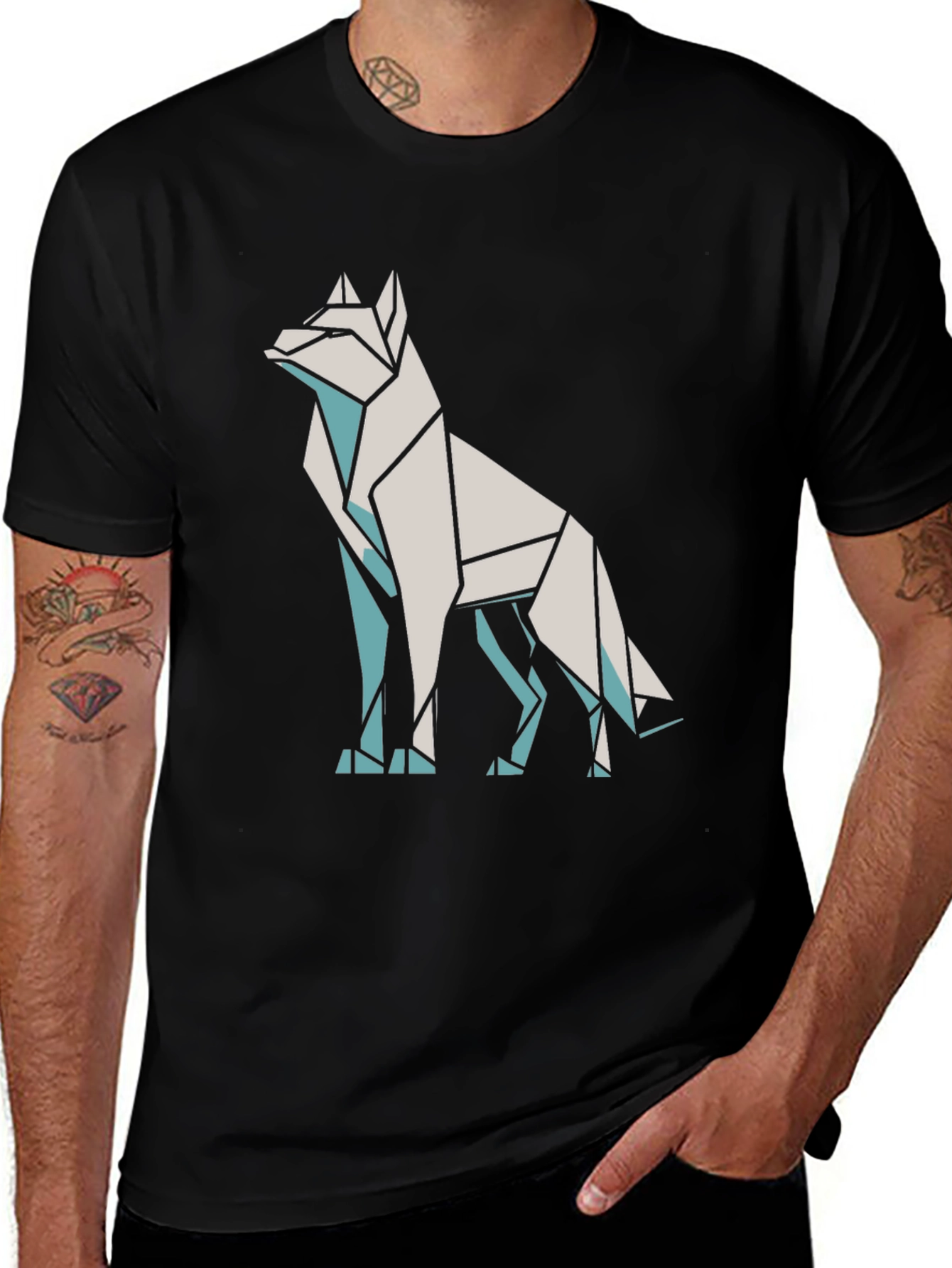 Geometric Wolf Graphic Tee - Black Cotton Blend