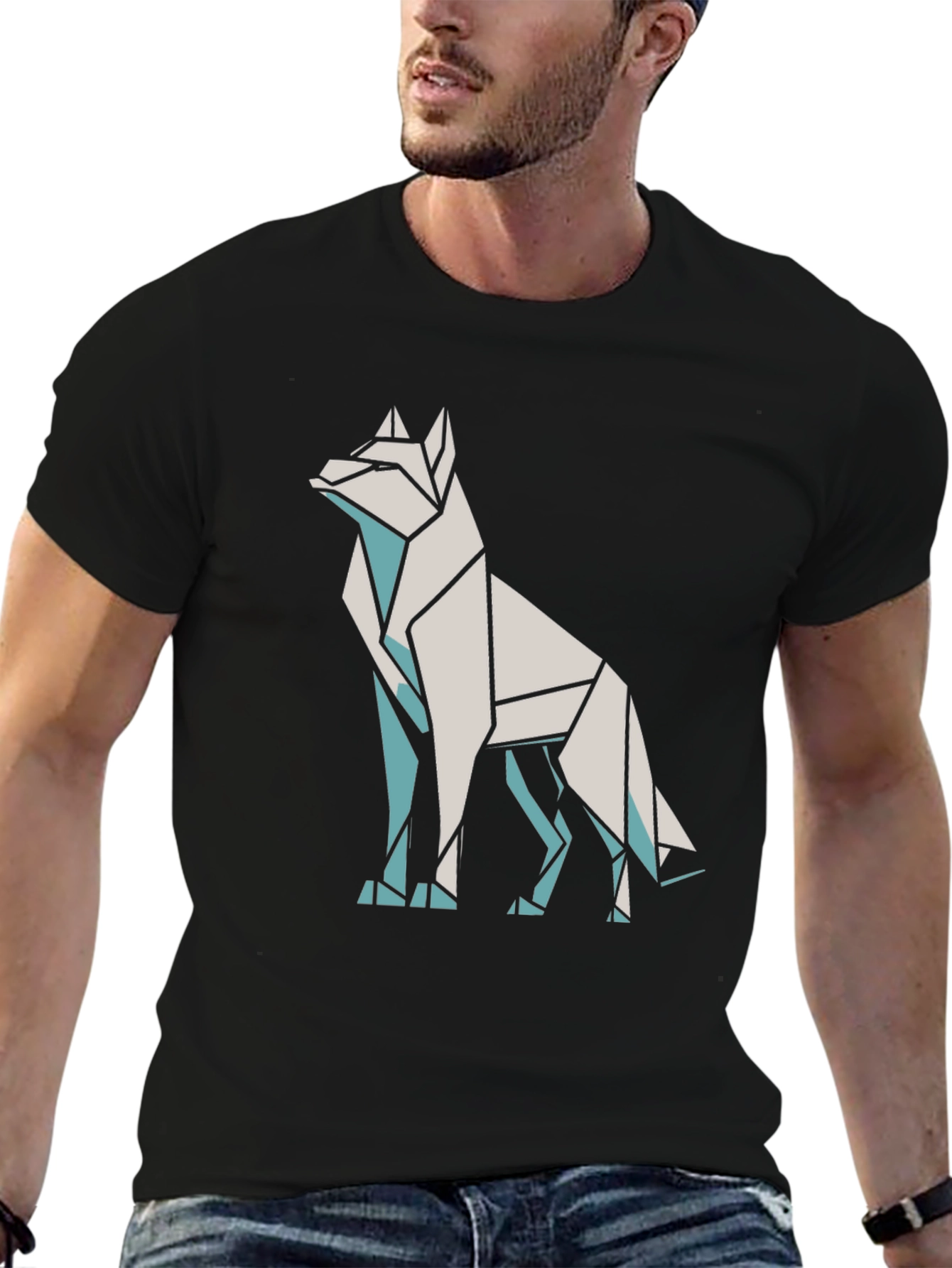 Geometric Wolf Graphic Tee - Black Cotton Blend