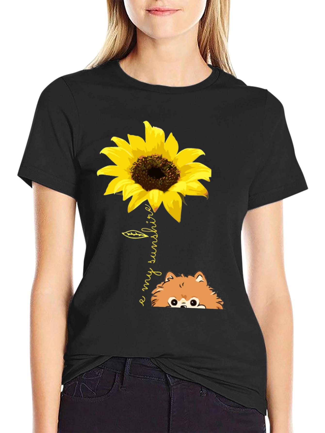 Sunflower Pomeranian My Sunshine Black T-Shirt