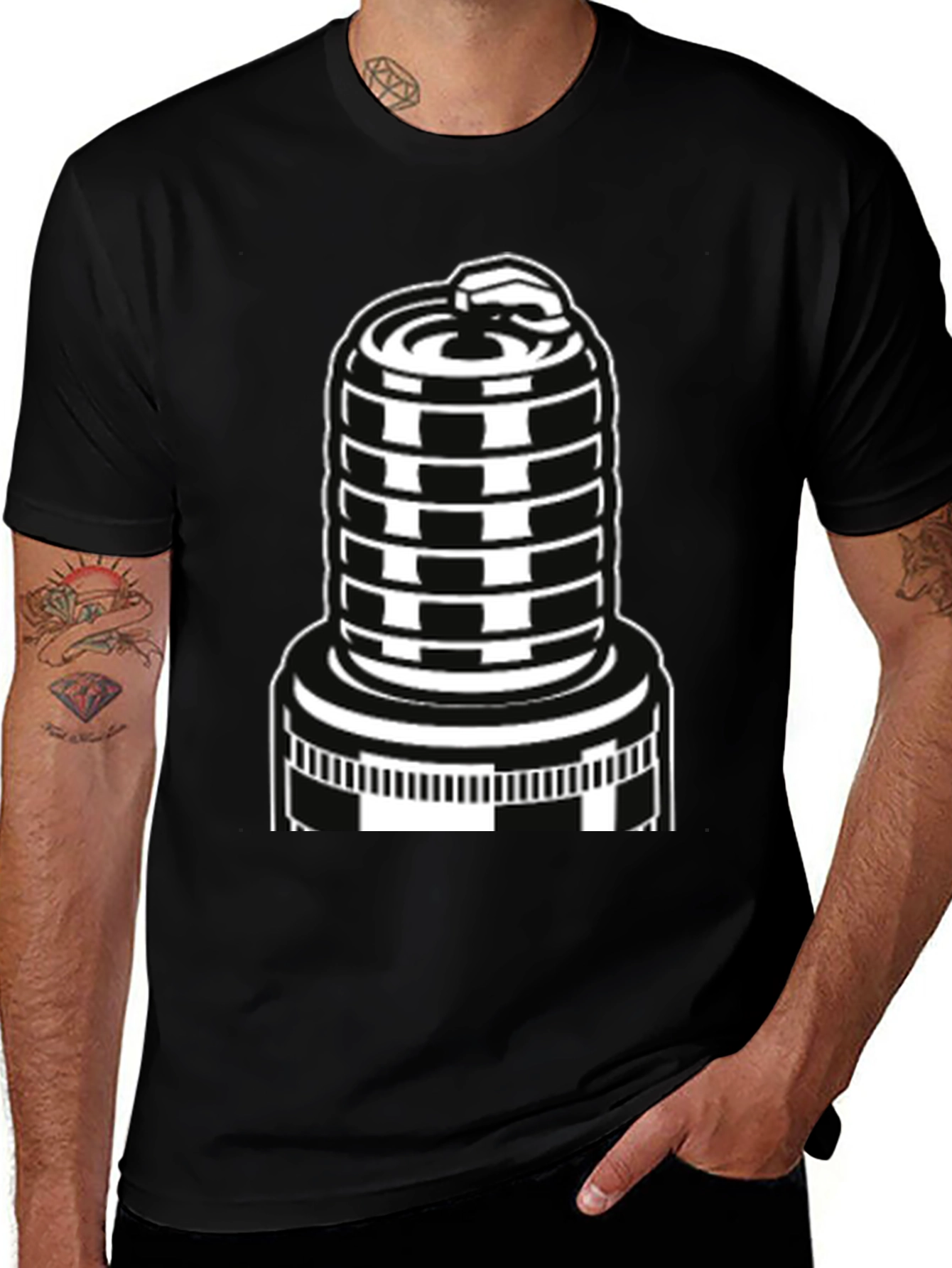 Black T-Shirt with Spark Plug Graphic