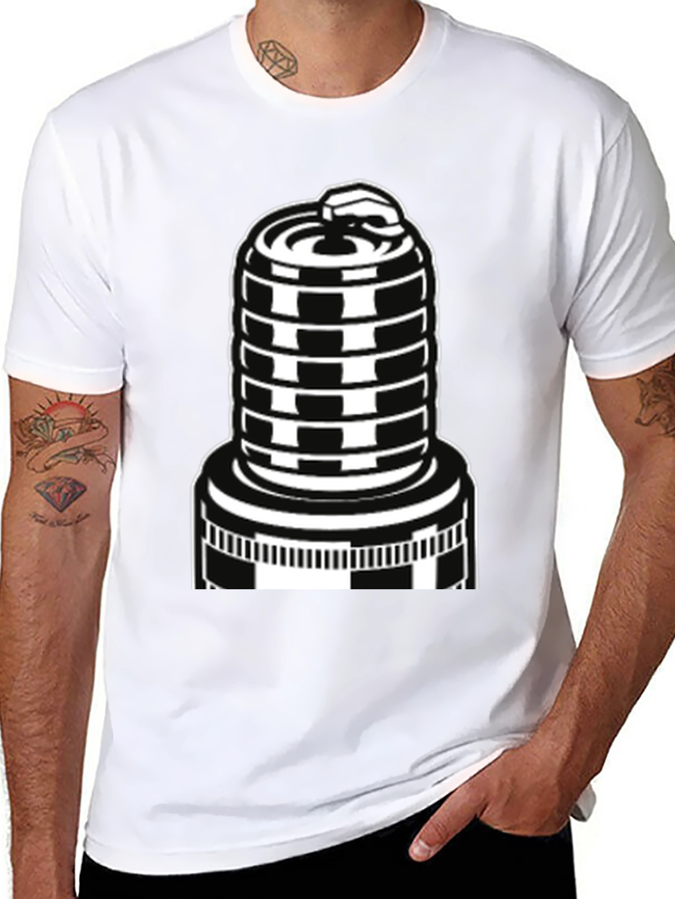 Black T-Shirt with Spark Plug Graphic