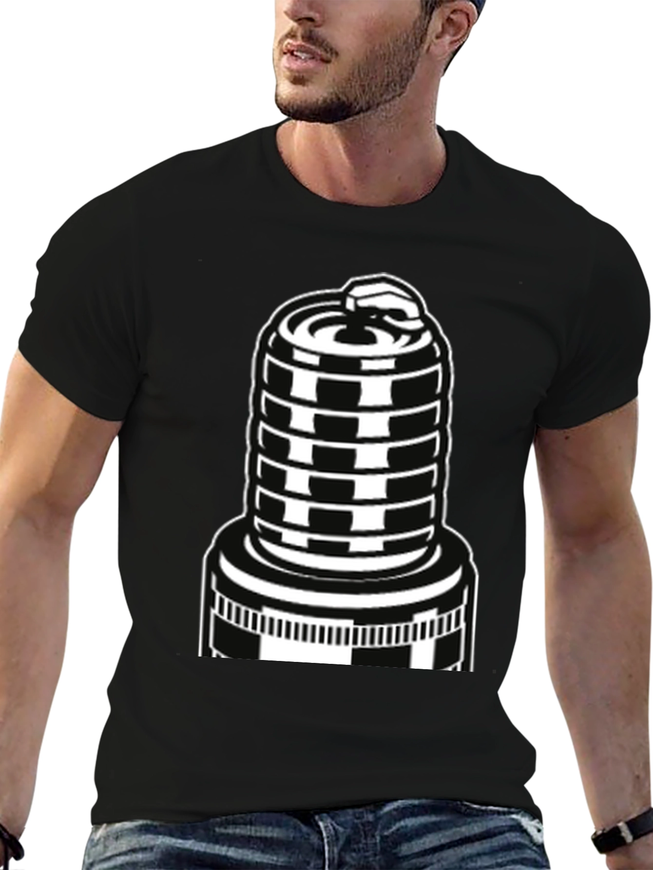 Black T-Shirt with Spark Plug Graphic