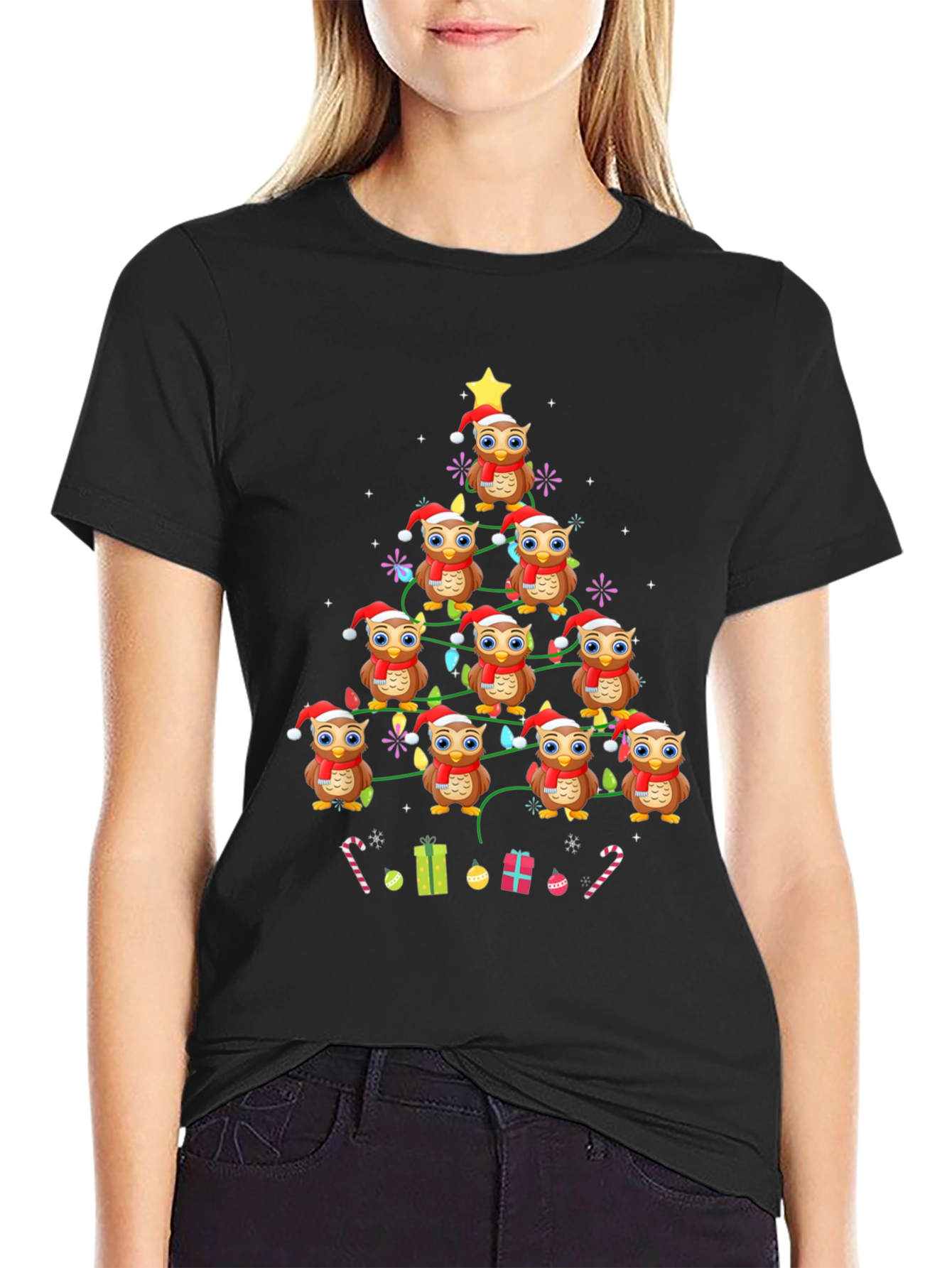 Owl Christmas Tree Graphic T-Shirt
