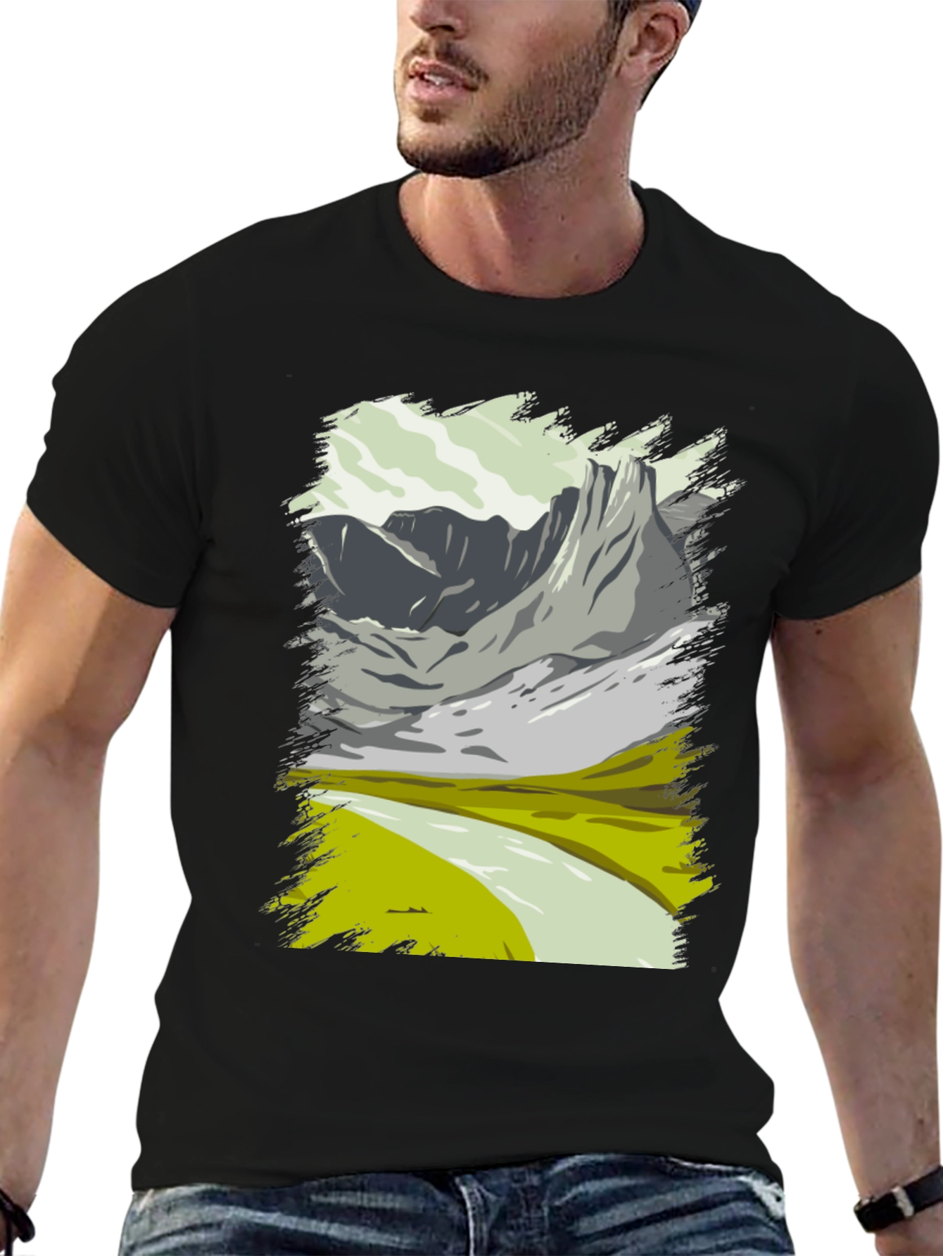 Mountain Landscape Graphic Tee - Black Cotton T-Shirt