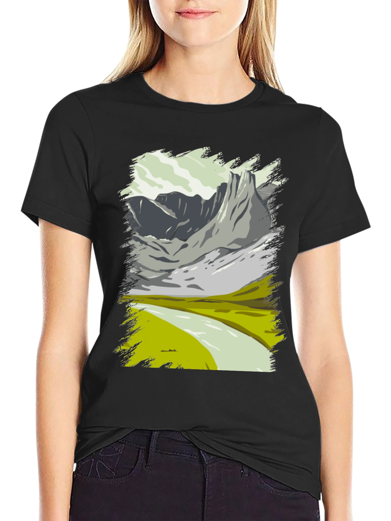 Mountain Landscape Graphic Tee - Black Cotton T-Shirt