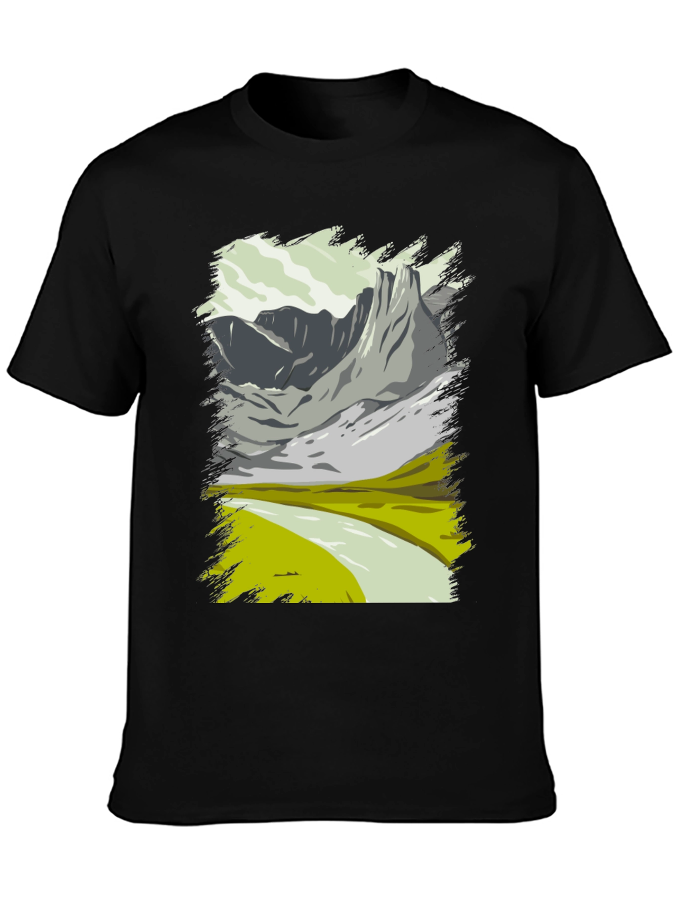 Mountain Landscape Graphic Tee - Black Cotton T-Shirt