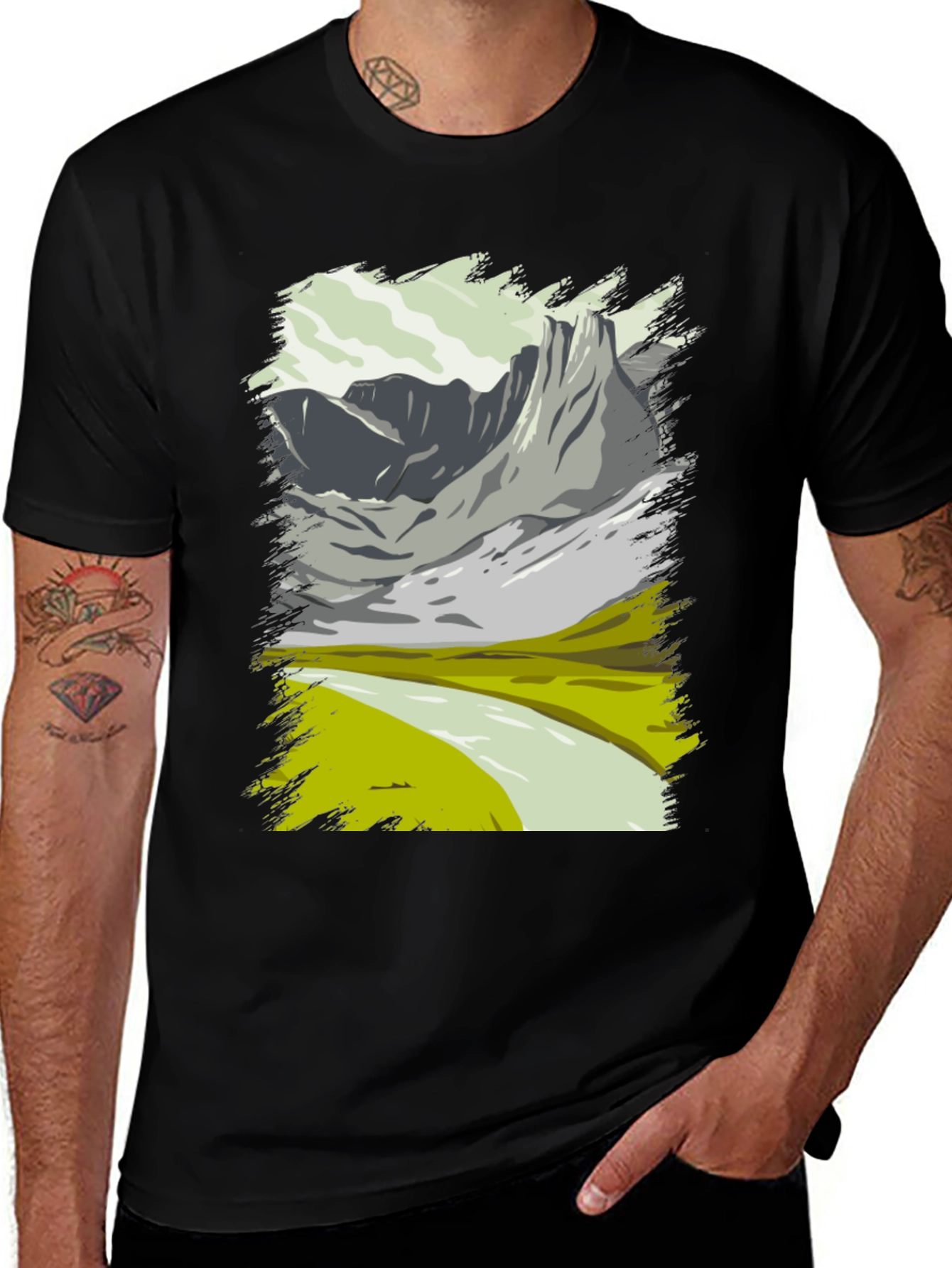 Mountain Landscape Graphic Tee - Black Cotton T-Shirt