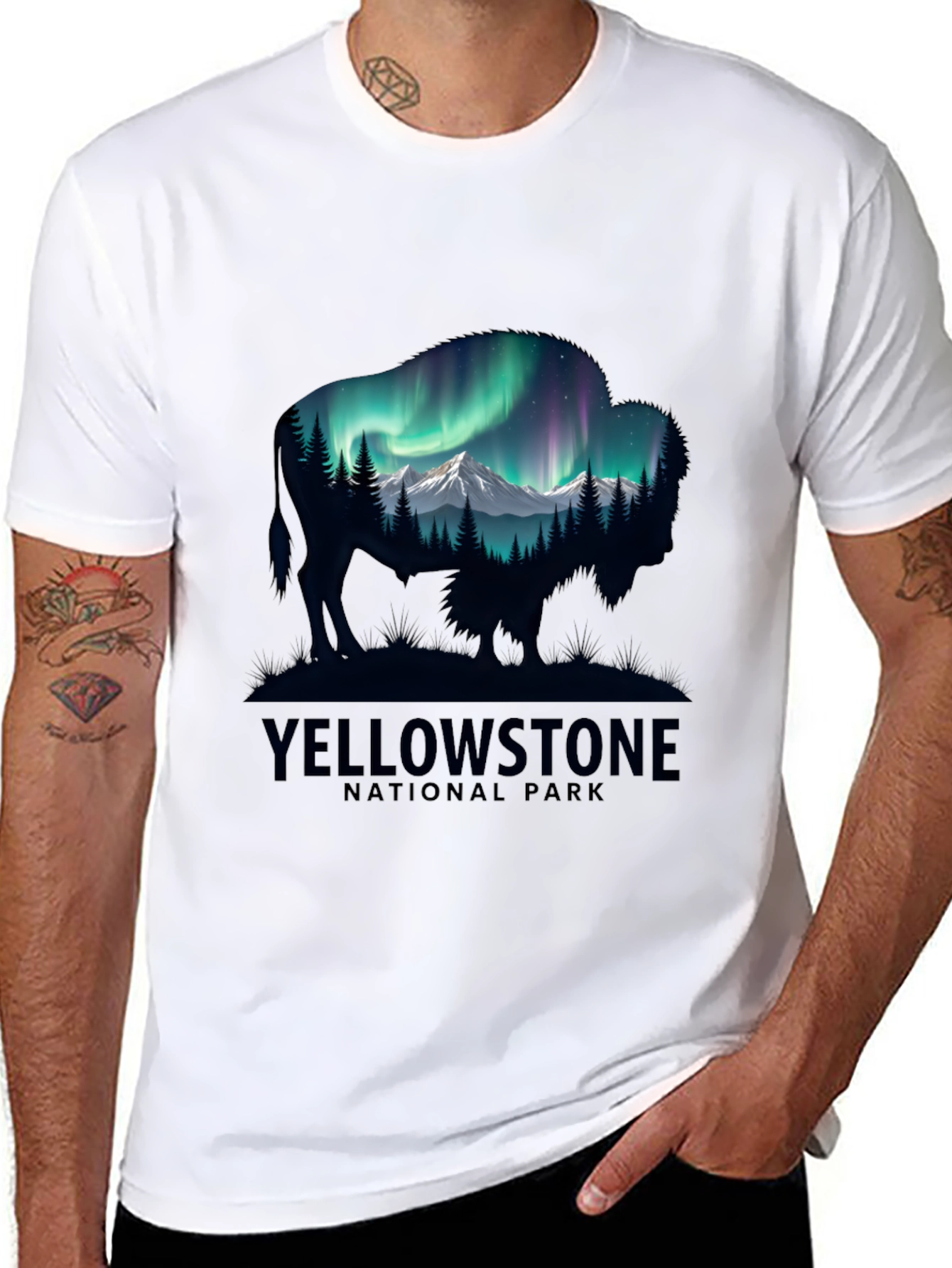 Yellowstone Bison Aurora Mens T-Shirt
