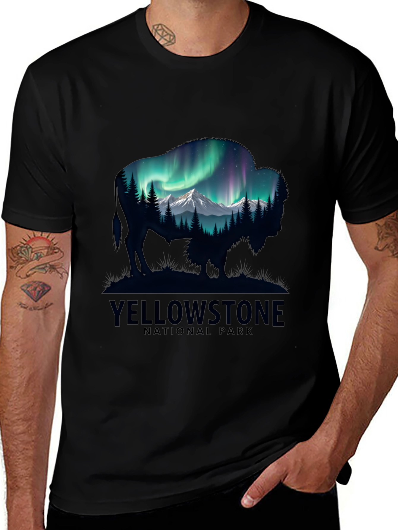 Yellowstone Bison Aurora Mens T-Shirt