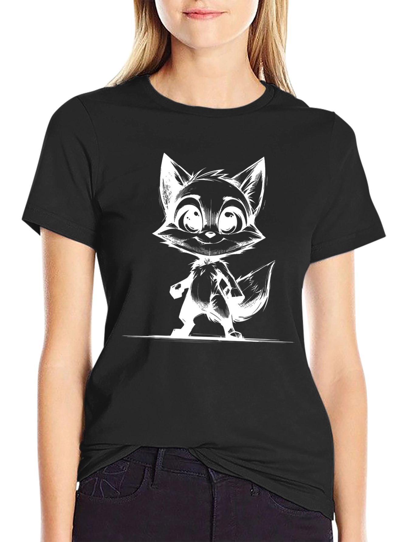 Cartoon Fox Graphic Print Black T-Shirt