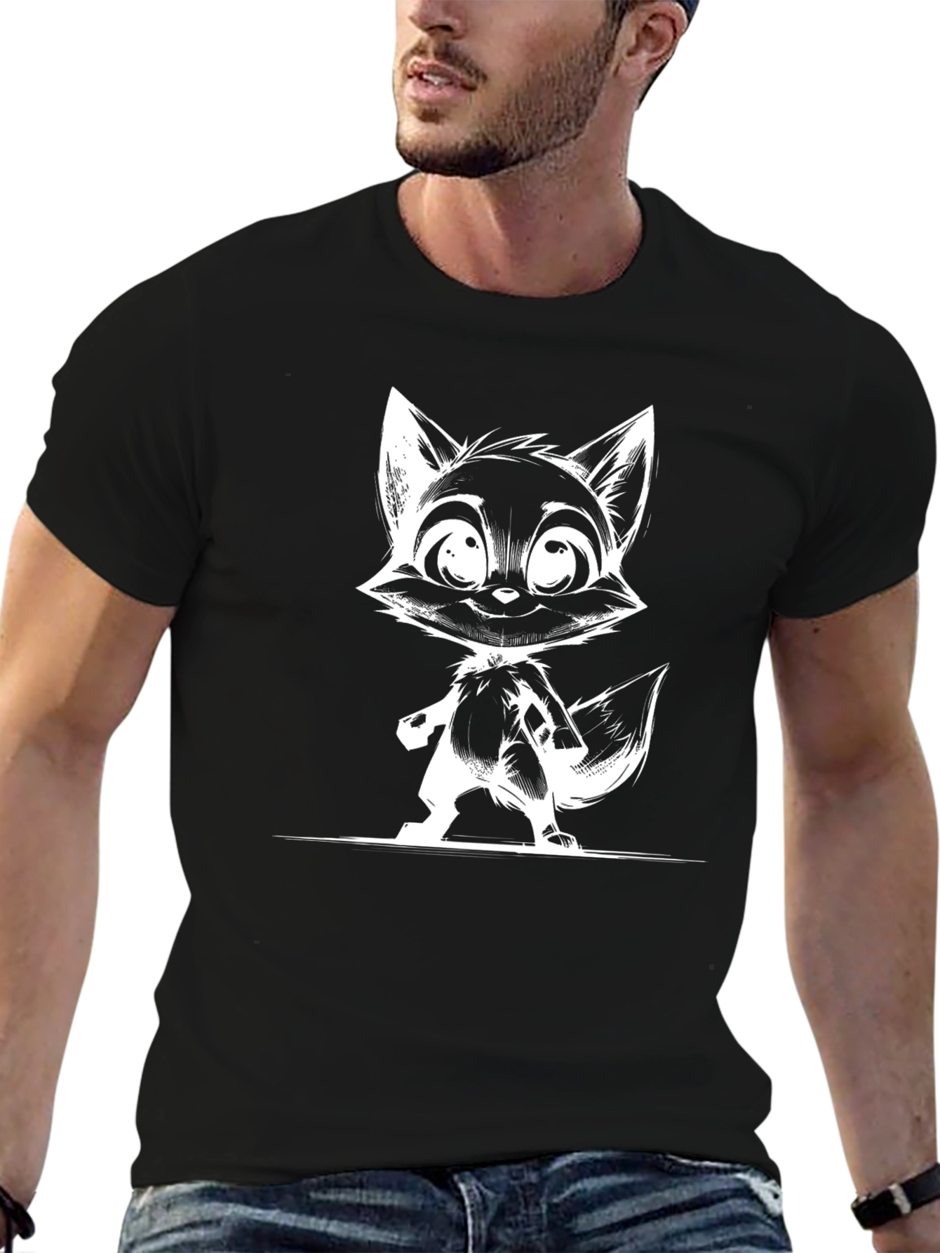 Cartoon Fox Graphic Print Black T-Shirt