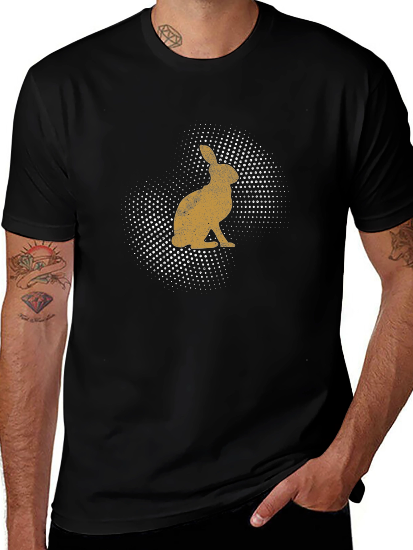 Mens Rabbit Print Black Crew Neck T-Shirt