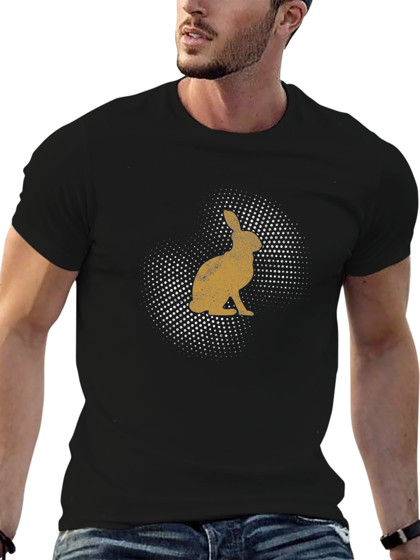 Mens Rabbit Print Black Crew Neck T-Shirt