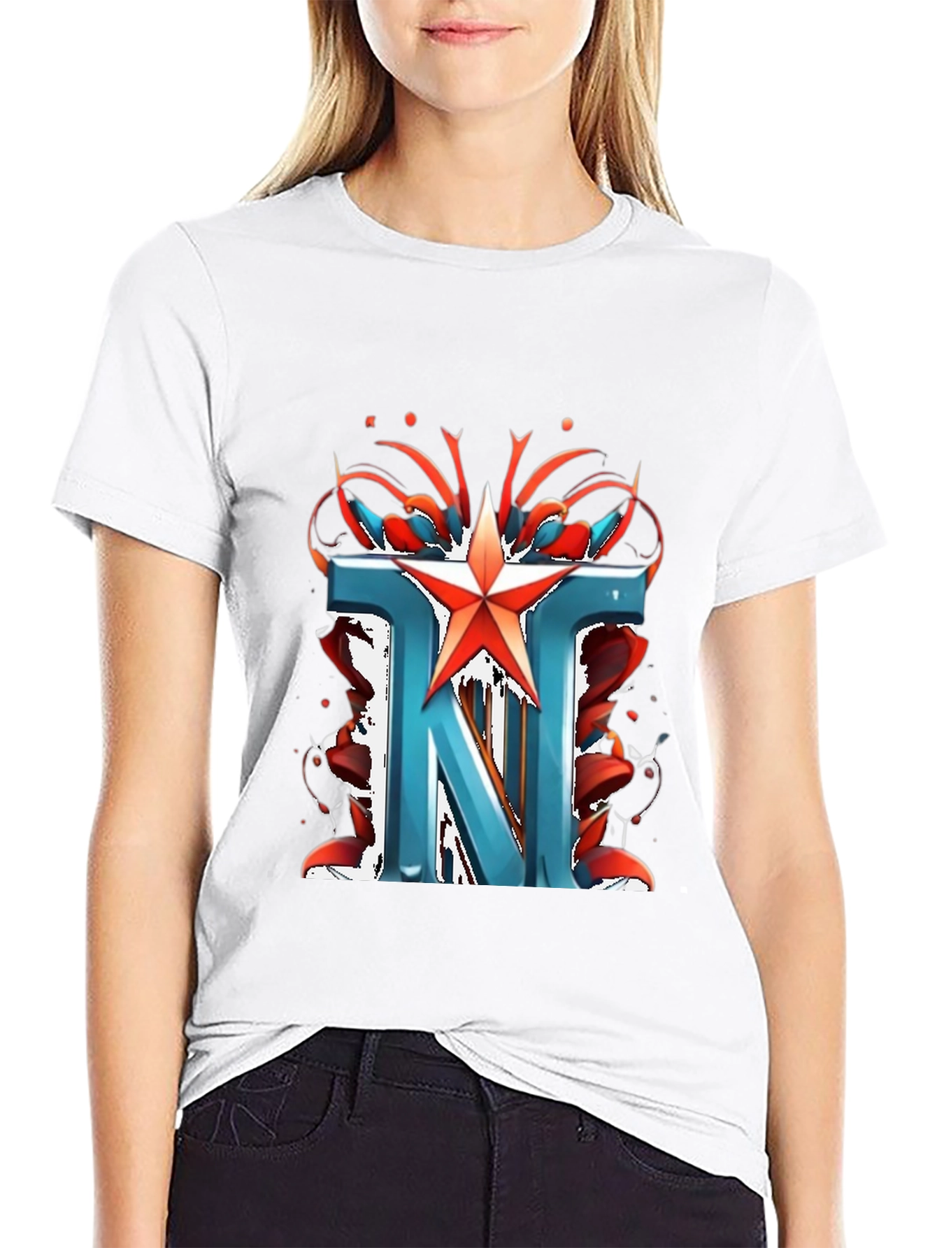 Letter N Star Graphic Black T-Shirt