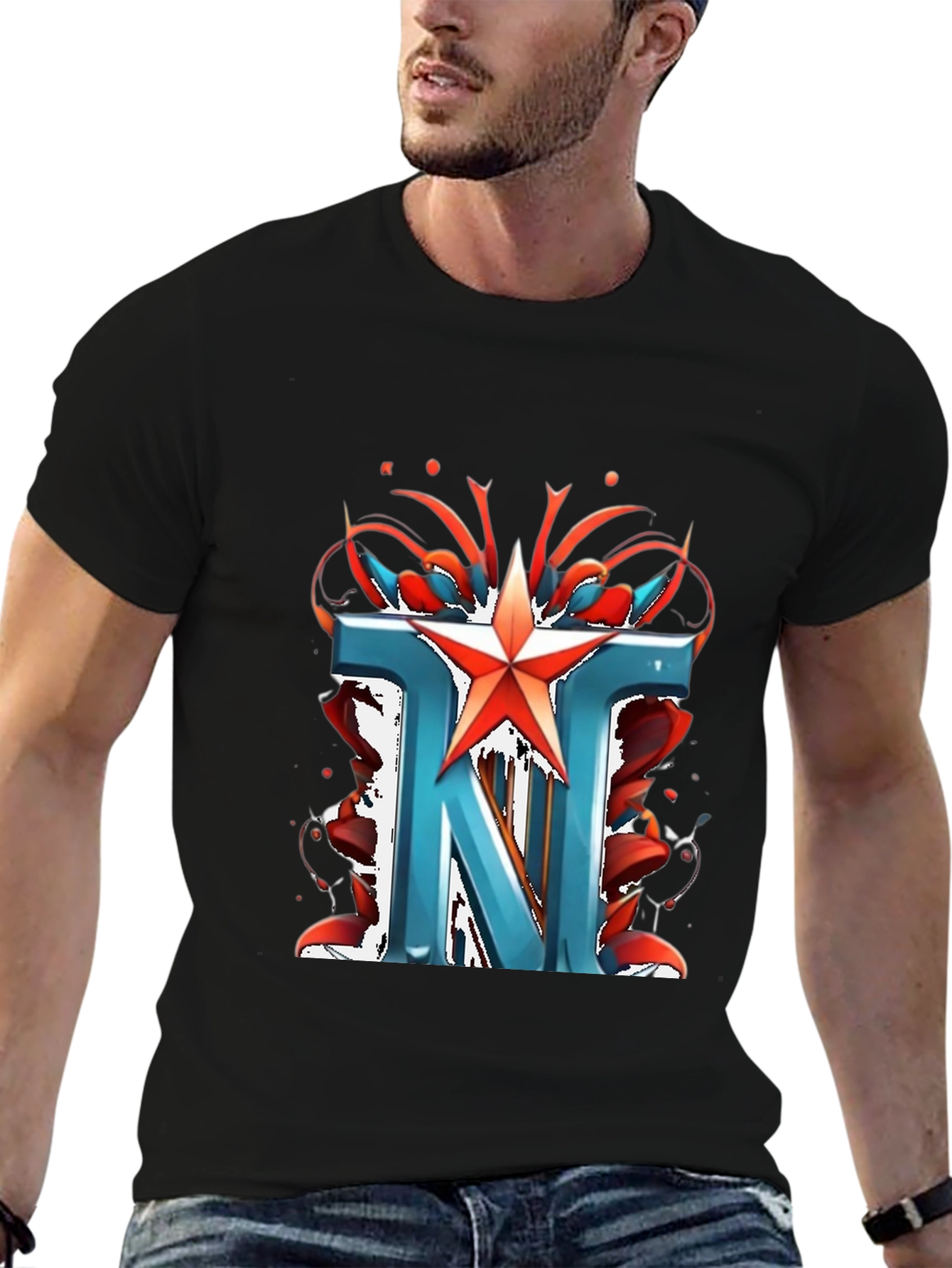 Letter N Star Graphic Black T-Shirt