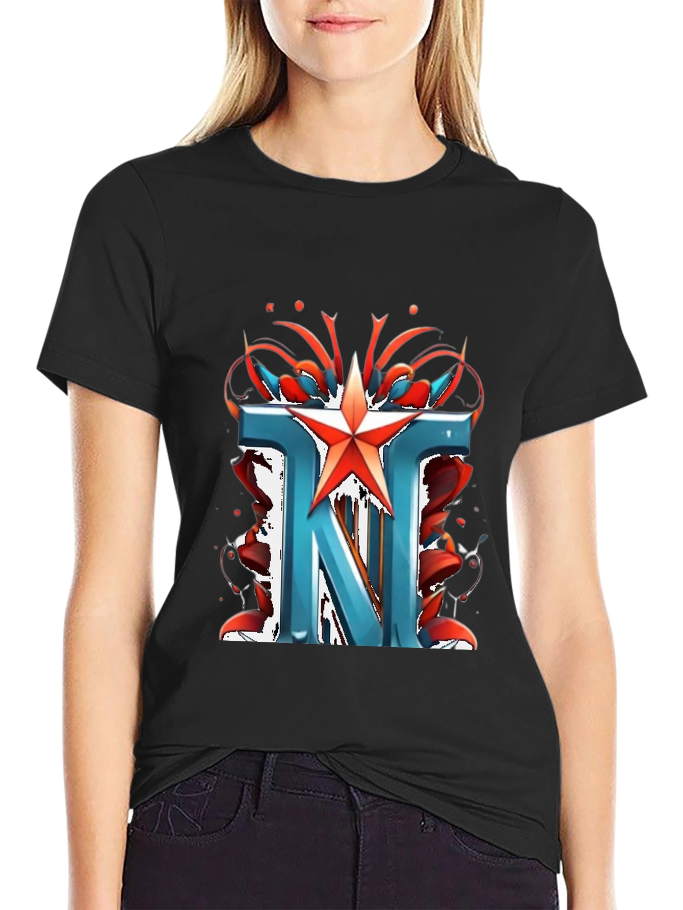 Letter N Star Graphic Black T-Shirt