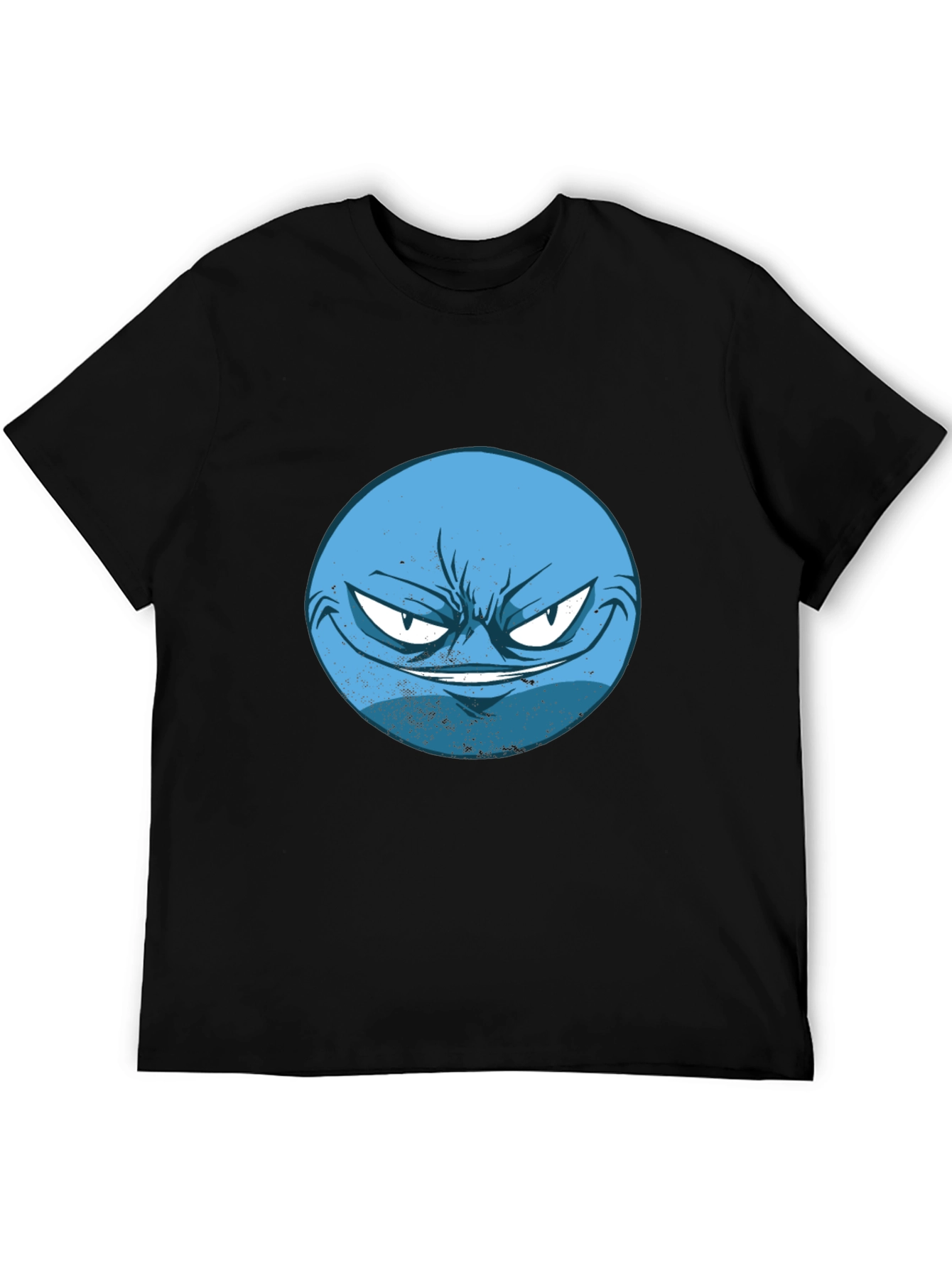 Mens Black T-Shirt with Blue Grumpy Face Graphic