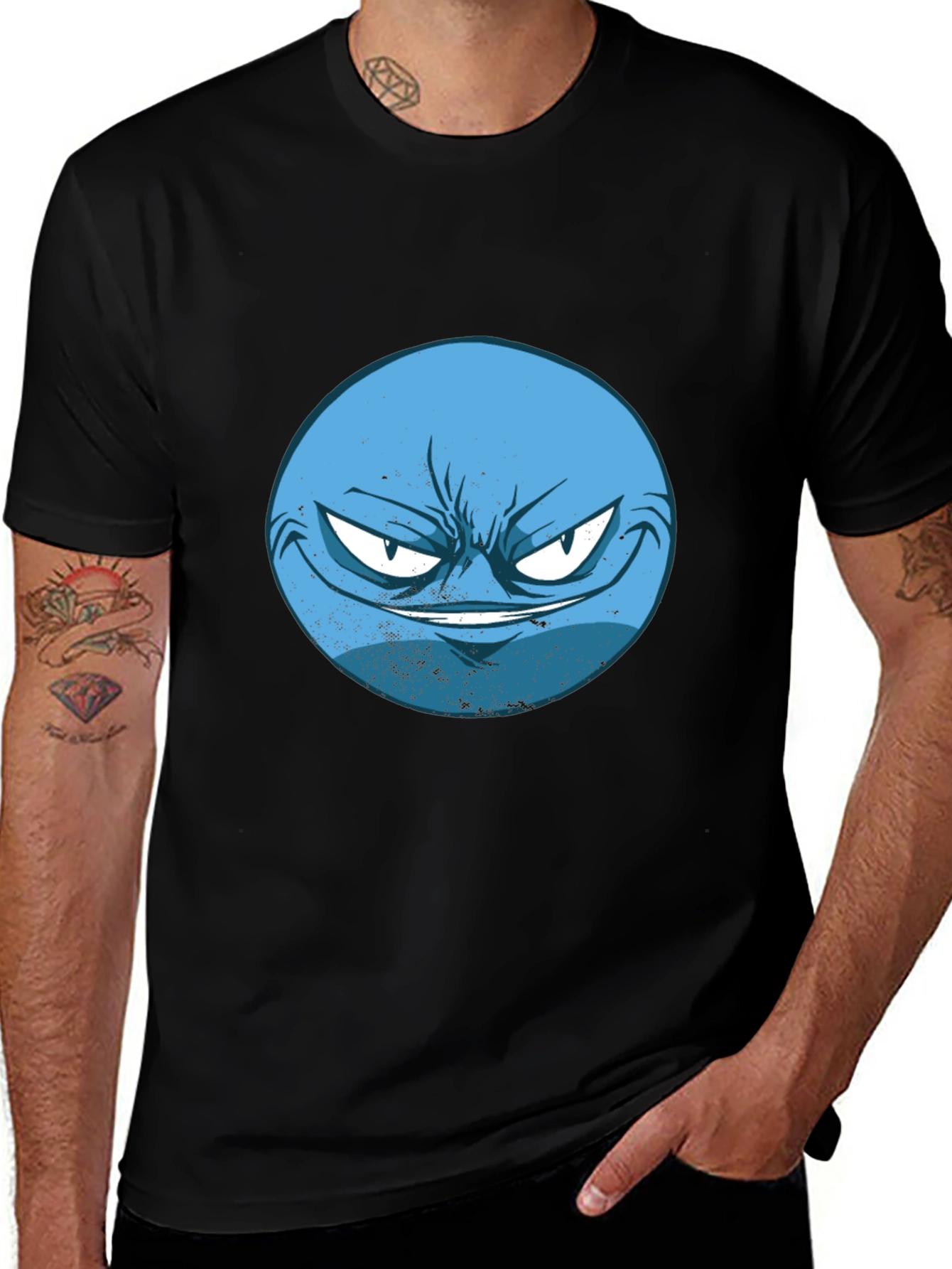 Mens Black T-Shirt with Blue Grumpy Face Graphic