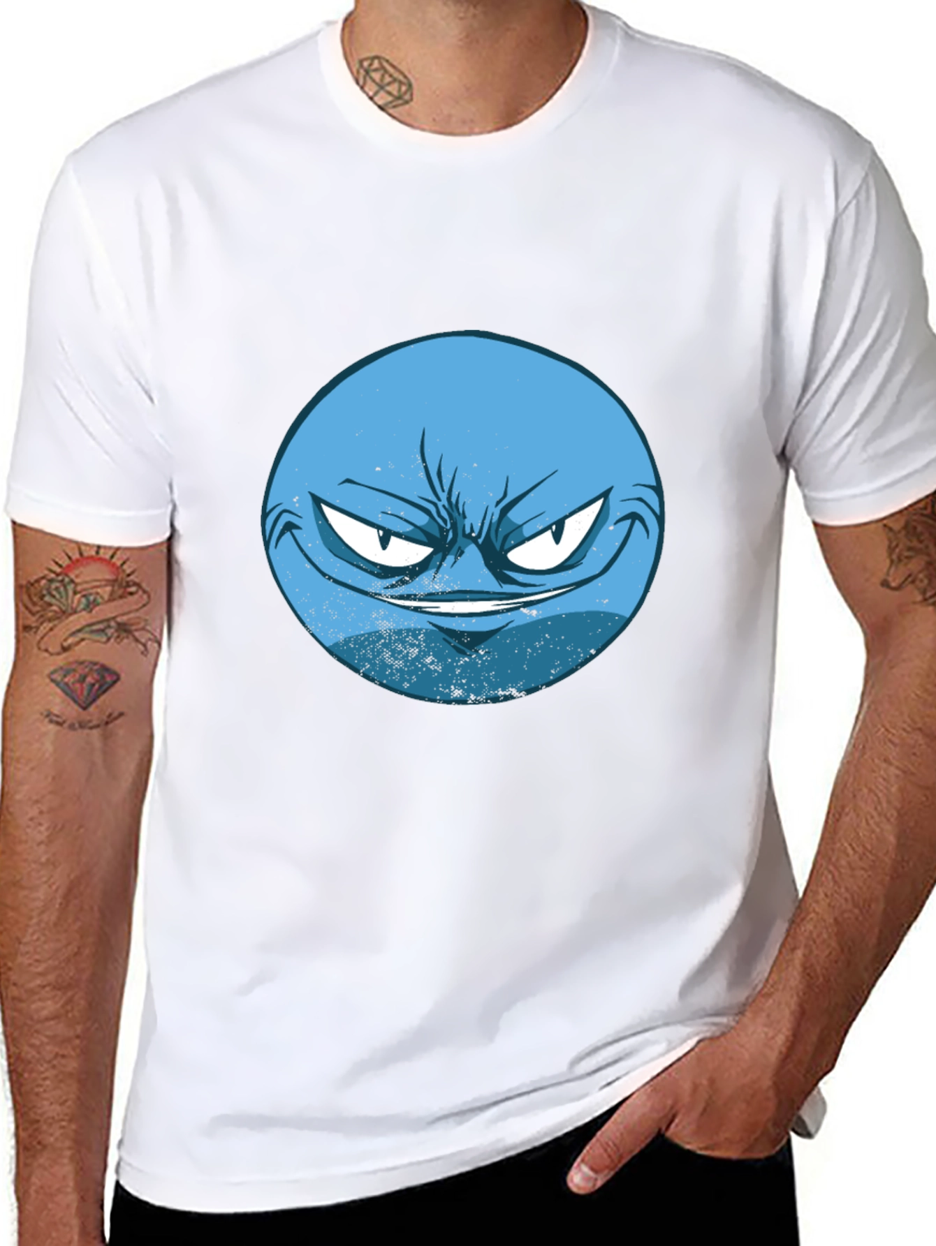 Mens Black T-Shirt with Blue Grumpy Face Graphic