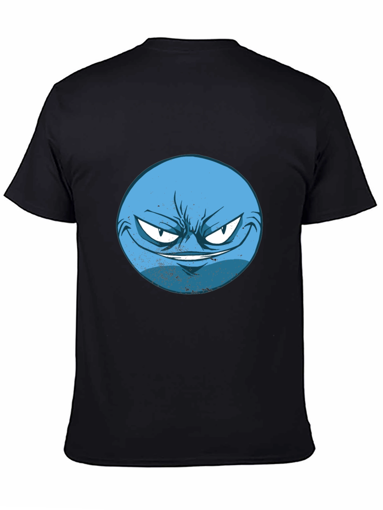 Mens Black T-Shirt with Blue Grumpy Face Graphic