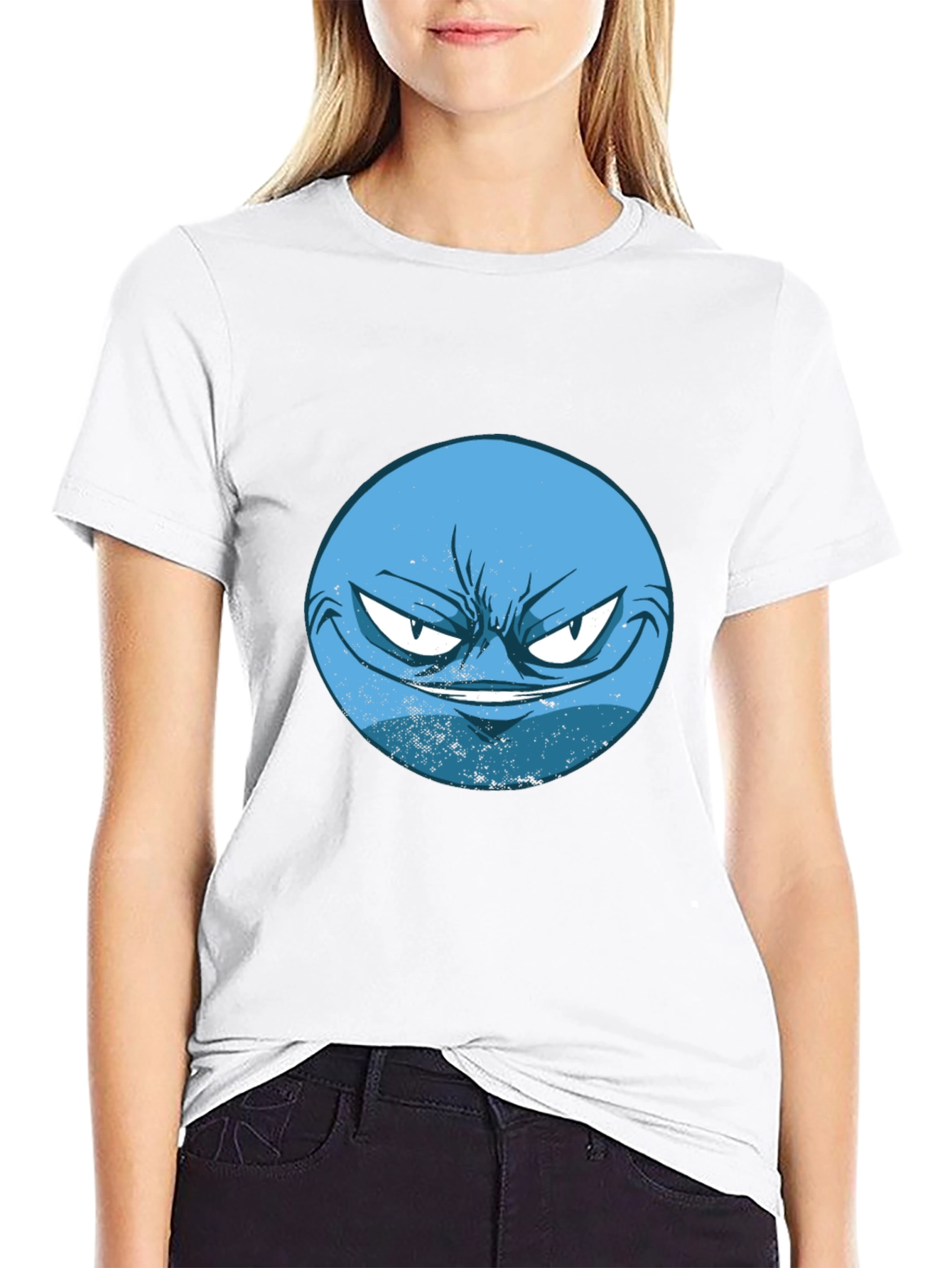 Mens Black T-Shirt with Blue Grumpy Face Graphic