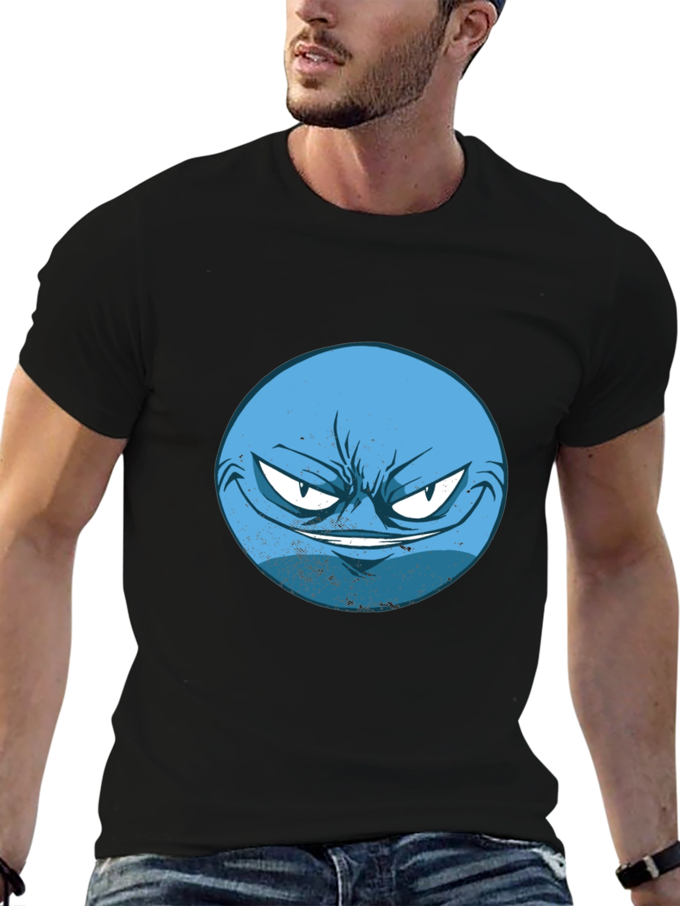 Mens Black T-Shirt with Blue Grumpy Face Graphic