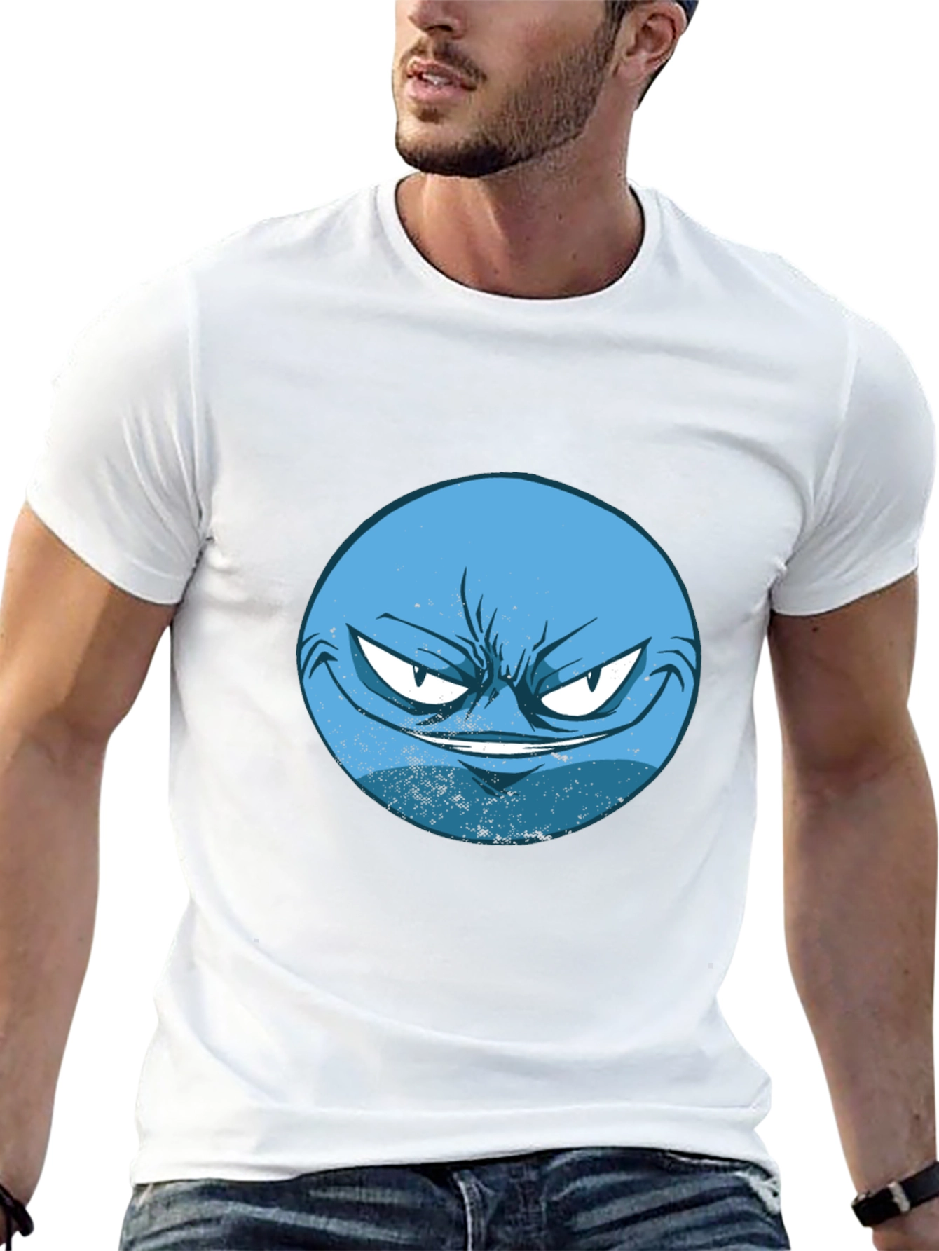 Mens Black T-Shirt with Blue Grumpy Face Graphic