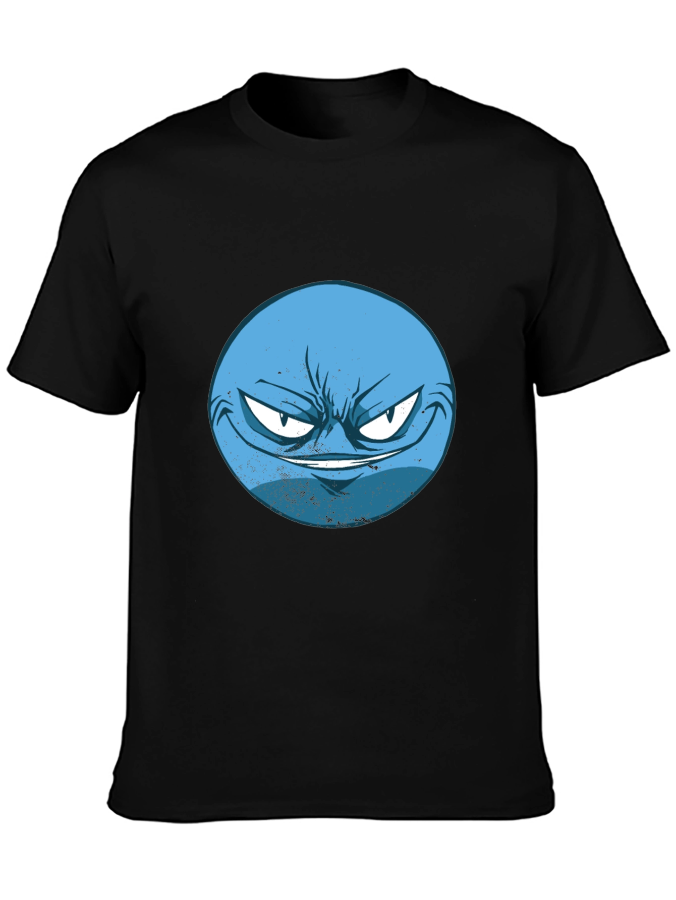 Mens Black T-Shirt with Blue Grumpy Face Graphic