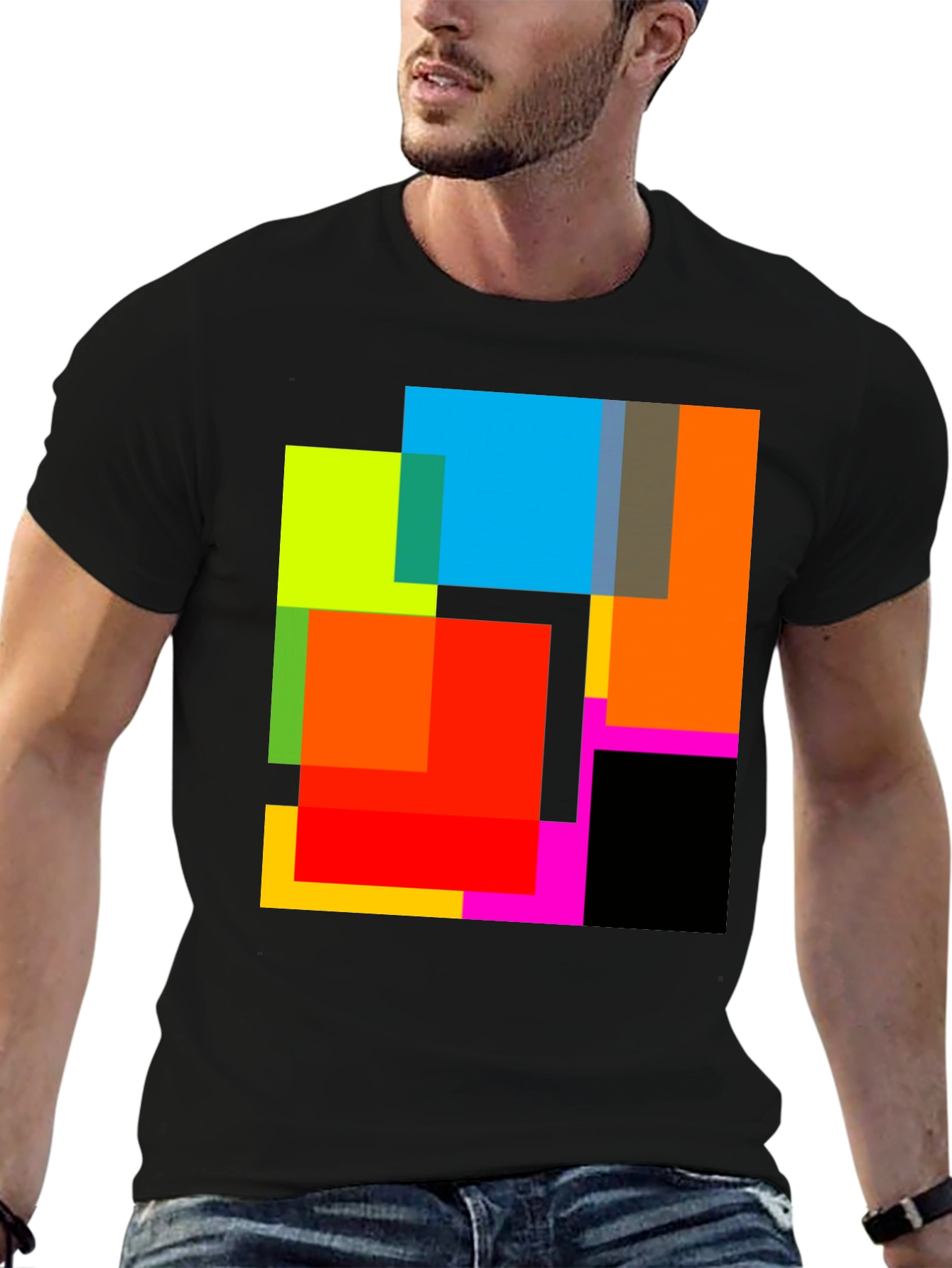Abstract Geometric Square Pattern Black T-Shirt