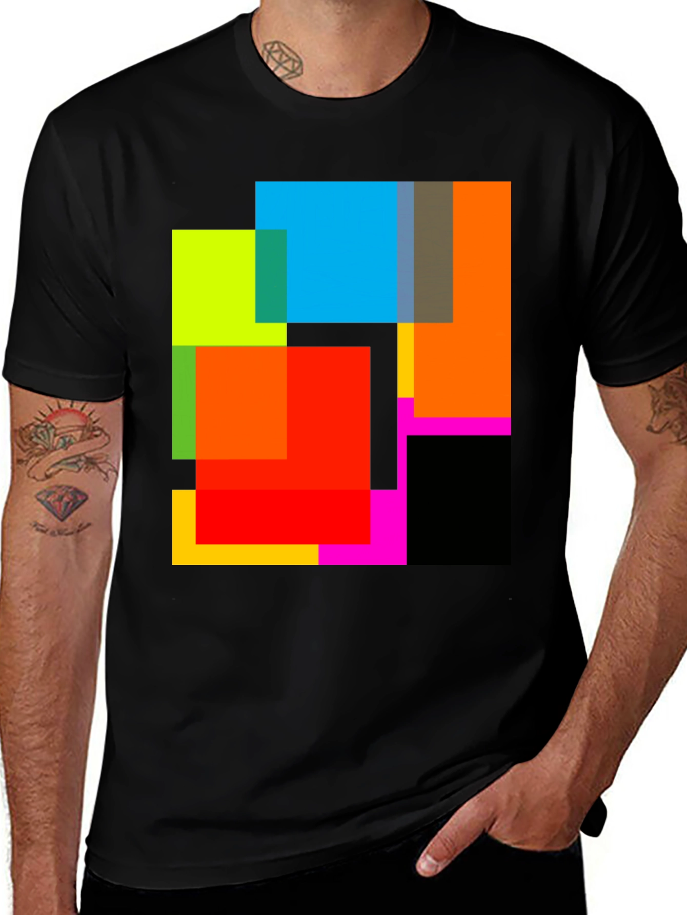 Abstract Geometric Square Pattern Black T-Shirt