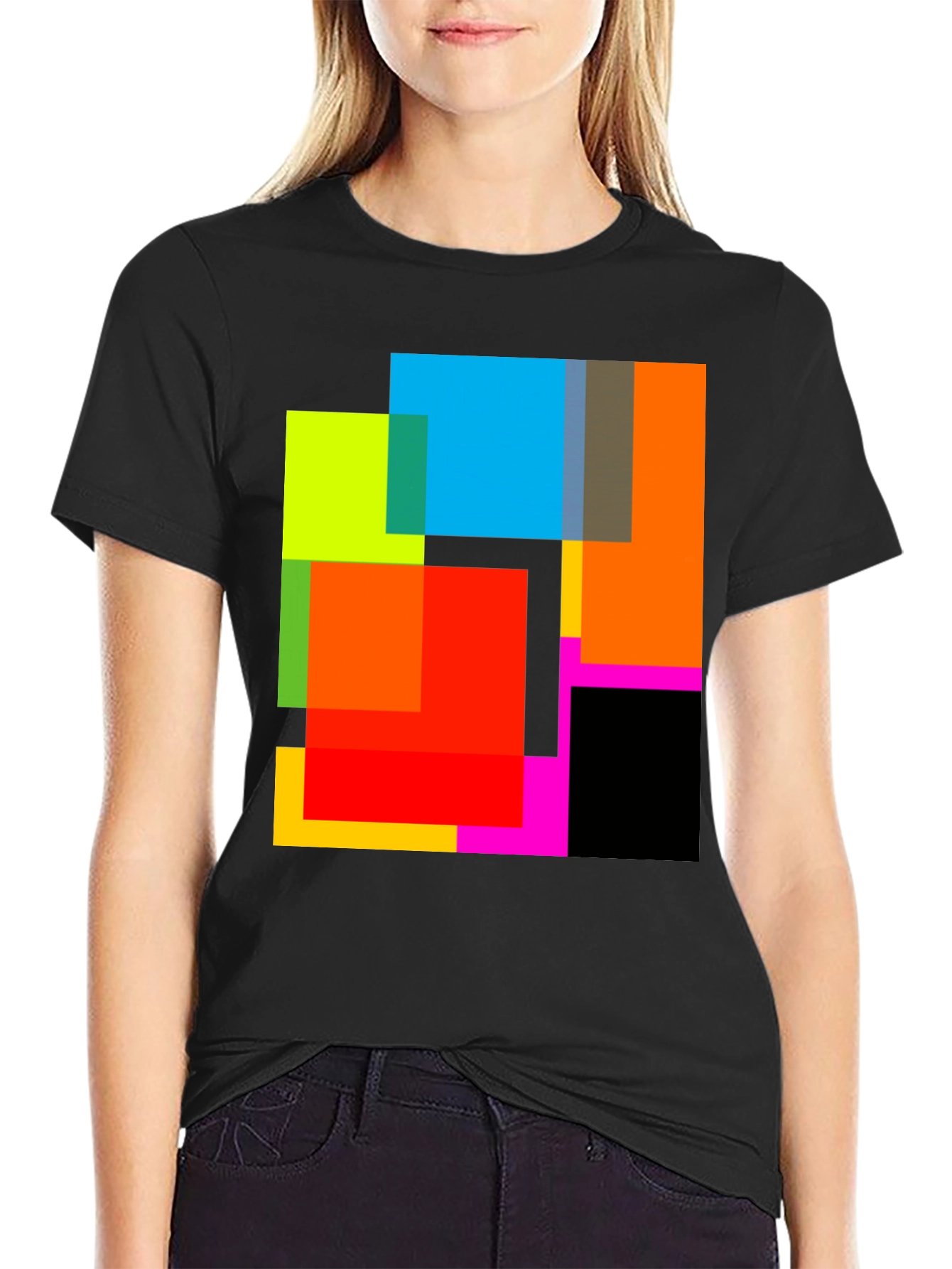Abstract Geometric Square Pattern Black T-Shirt