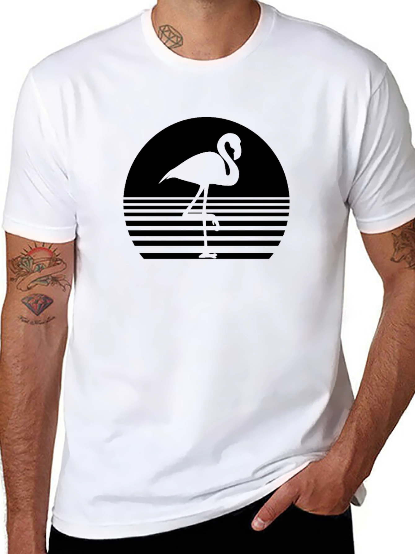 Retro Flamingo Graphic Tee - Black Cotton Blend