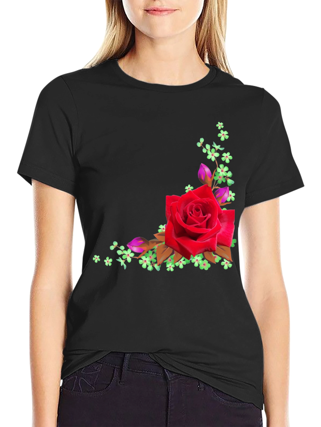 Floral Rose Graphic Black T-Shirt