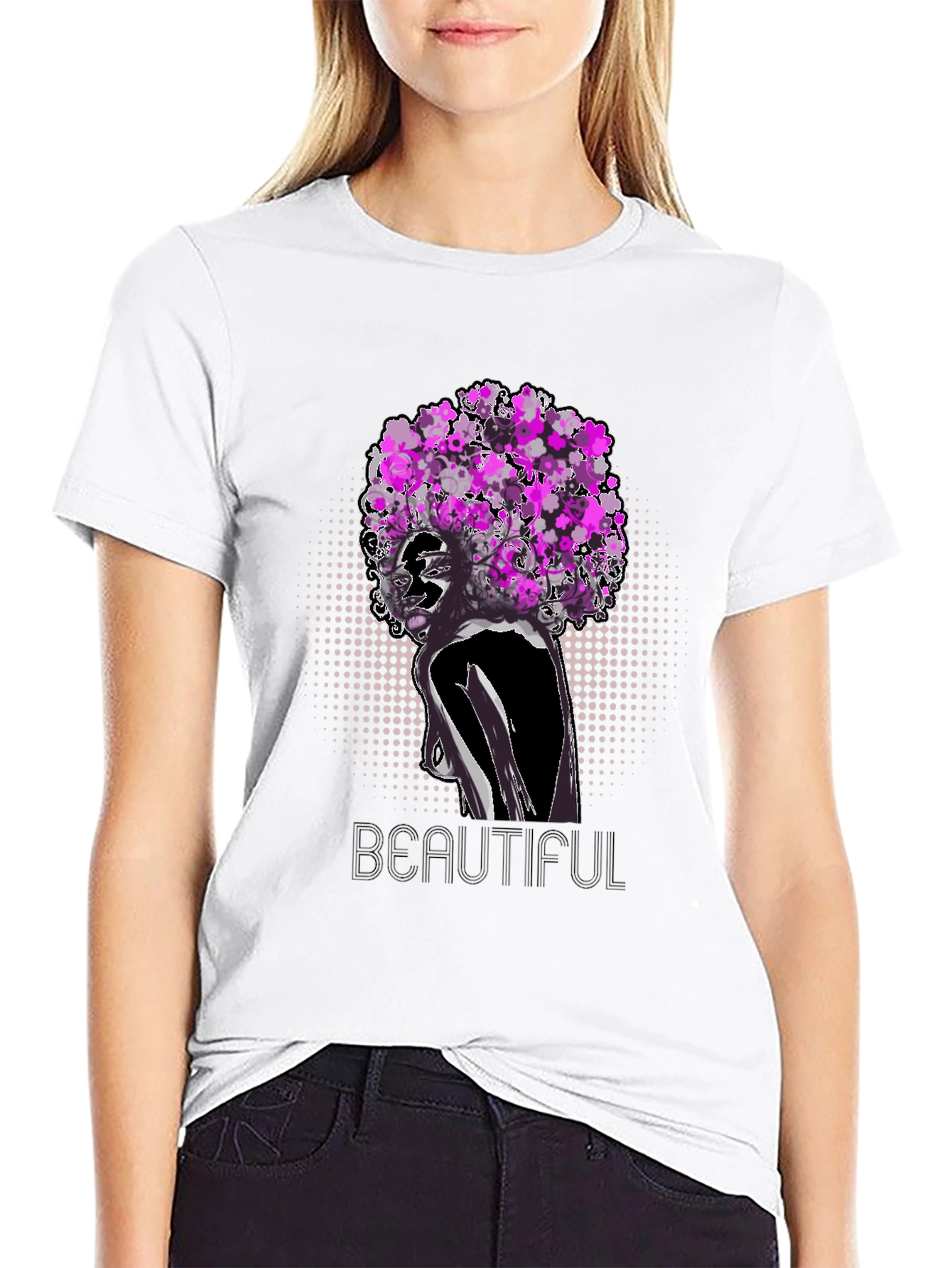 Black T-Shirt with Floral Afro Woman Design