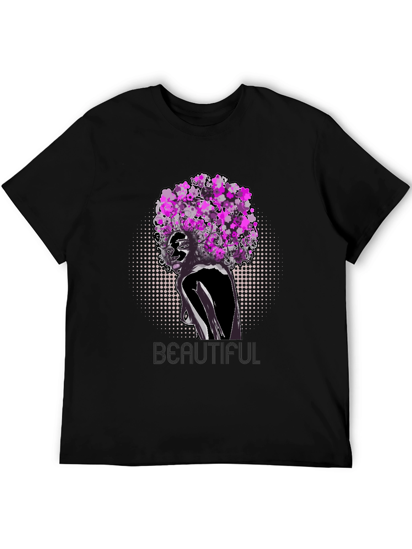 Black T-Shirt with Floral Afro Woman Design