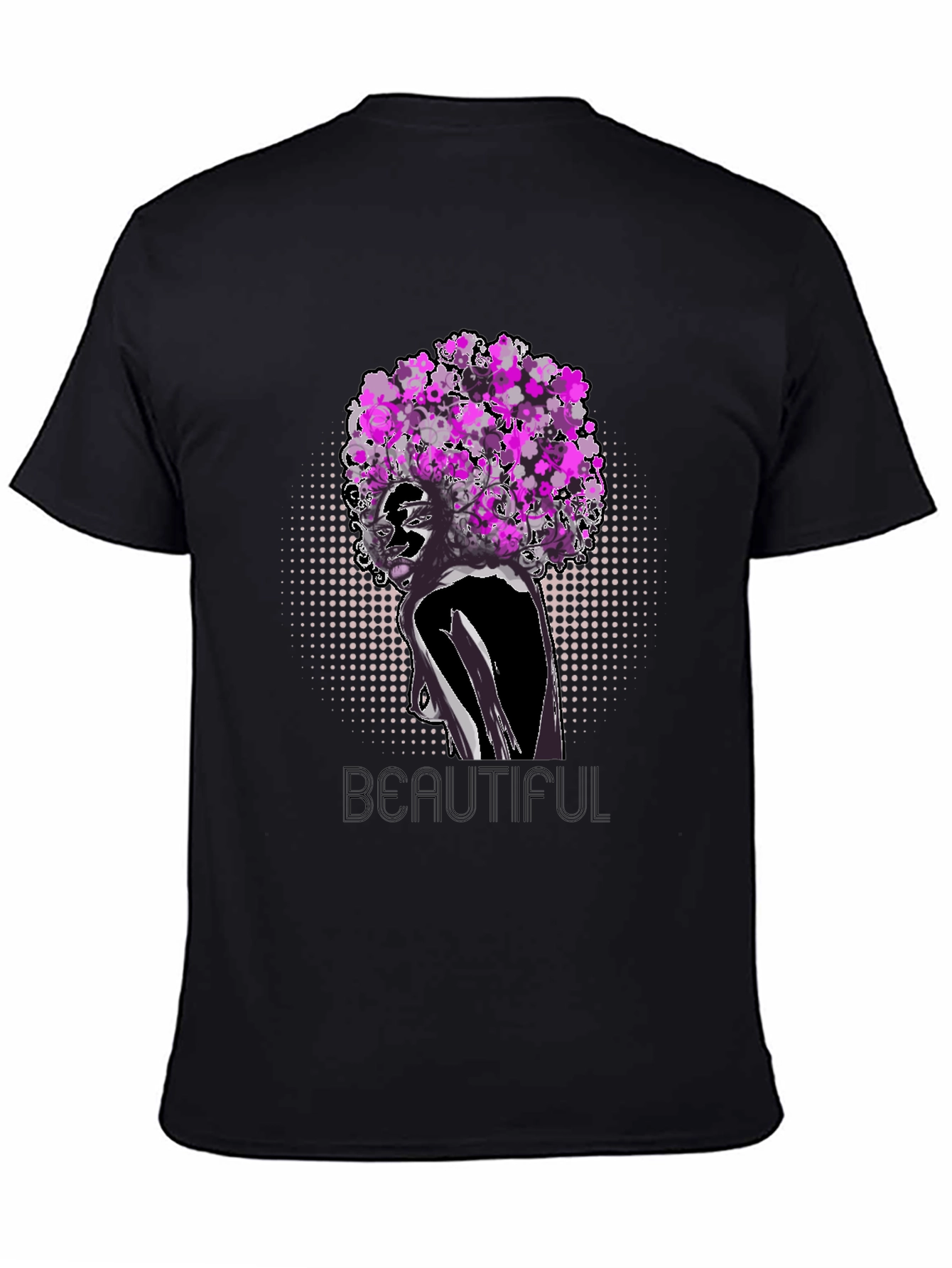 Black T-Shirt with Floral Afro Woman Design