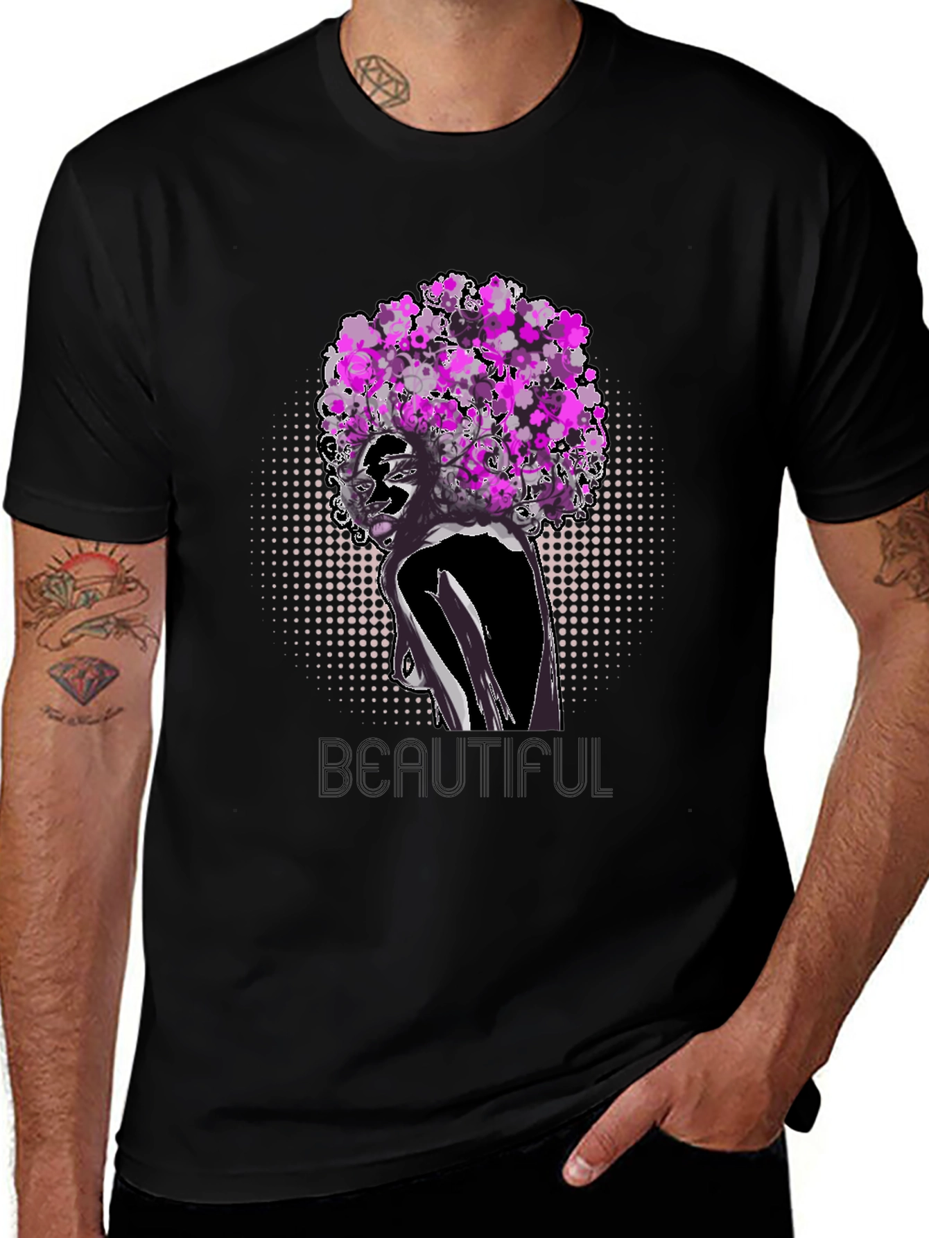 Black T-Shirt with Floral Afro Woman Design