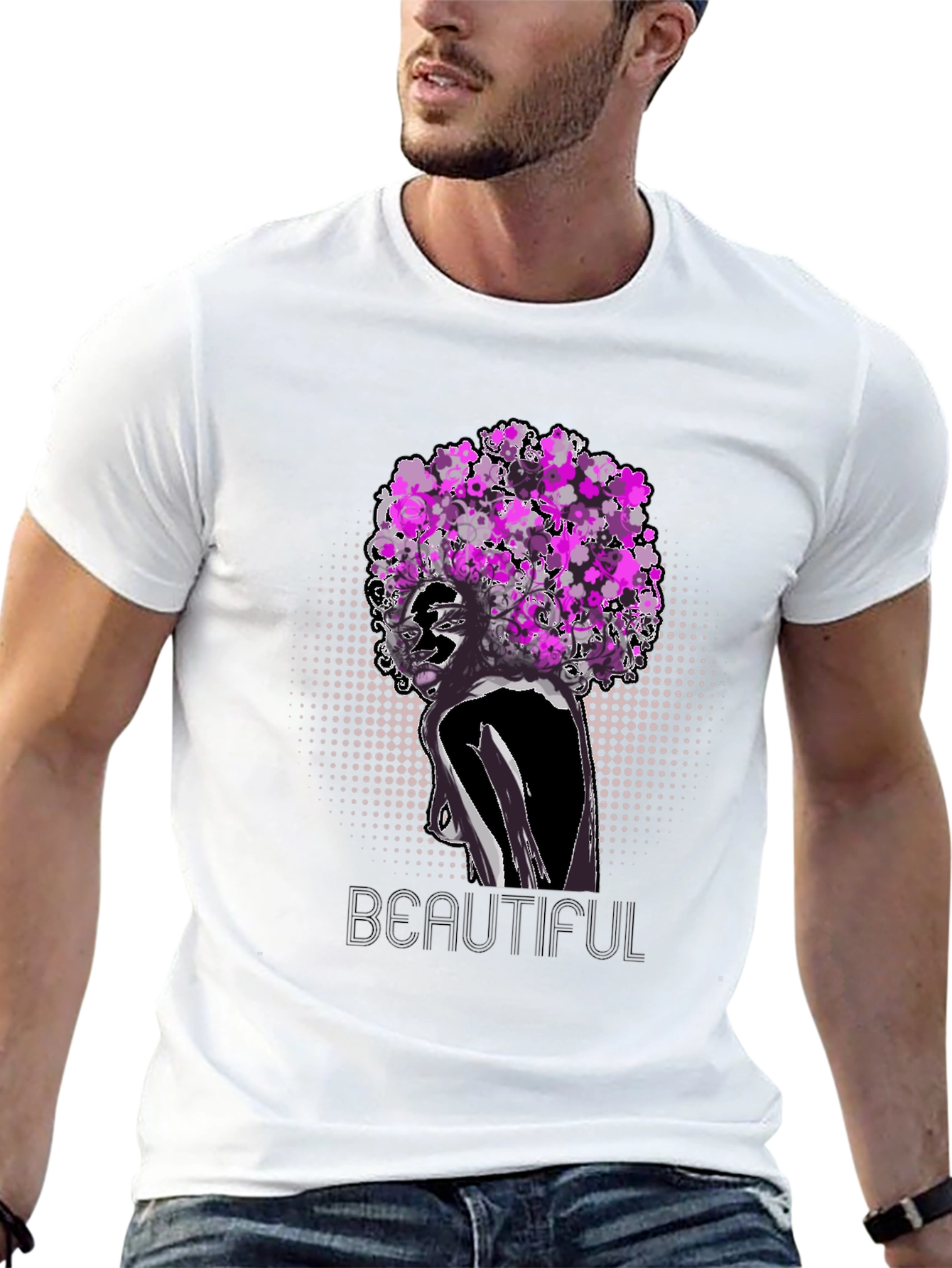 Black T-Shirt with Floral Afro Woman Design
