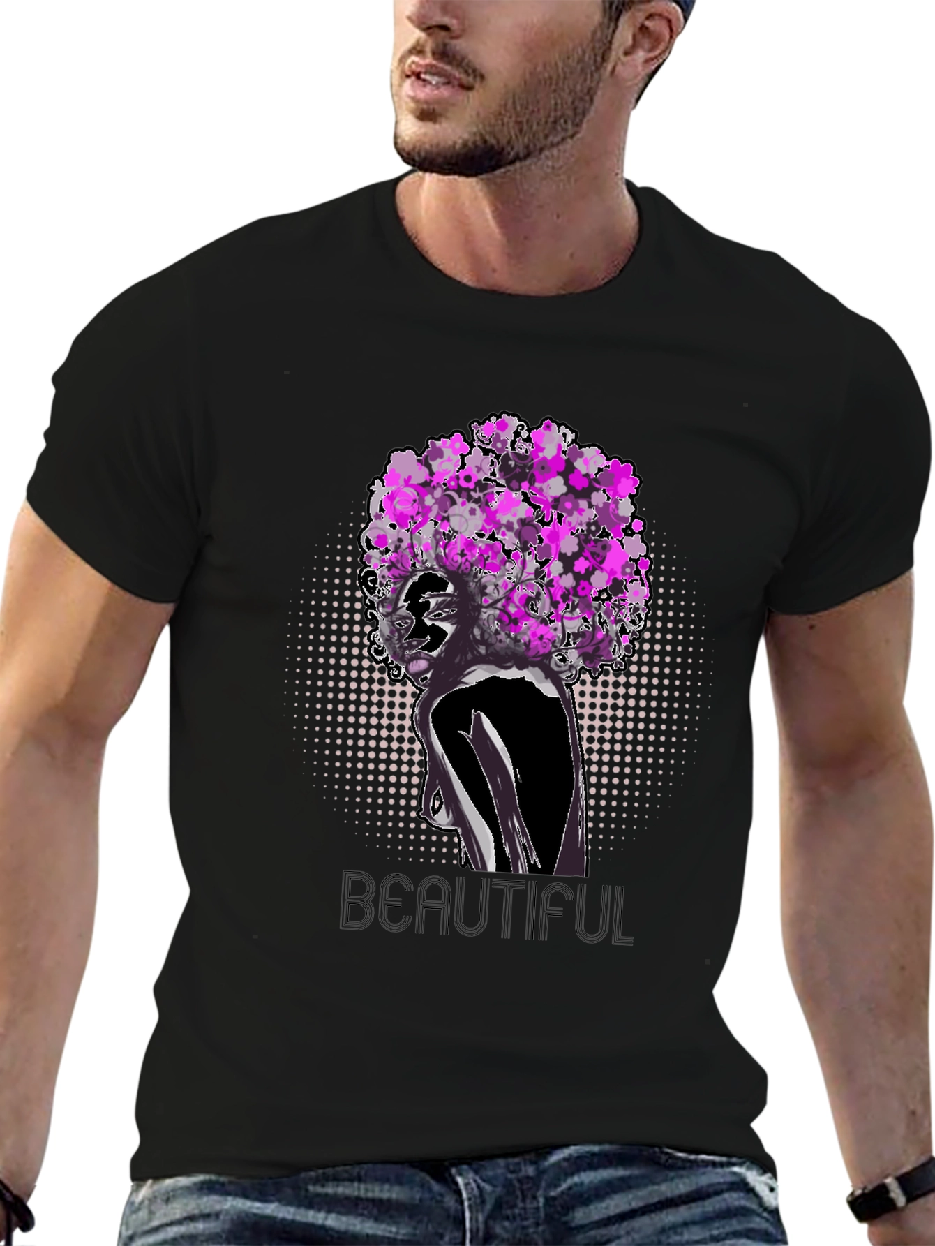 Black T-Shirt with Floral Afro Woman Design
