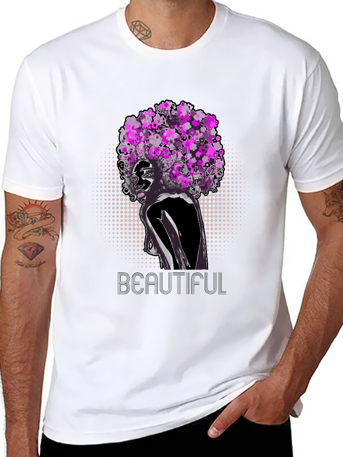 Black T-Shirt with Floral Afro Woman Design