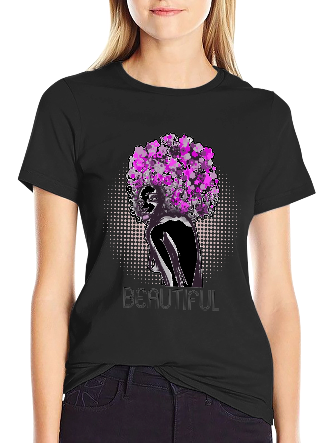 Black T-Shirt with Floral Afro Woman Design
