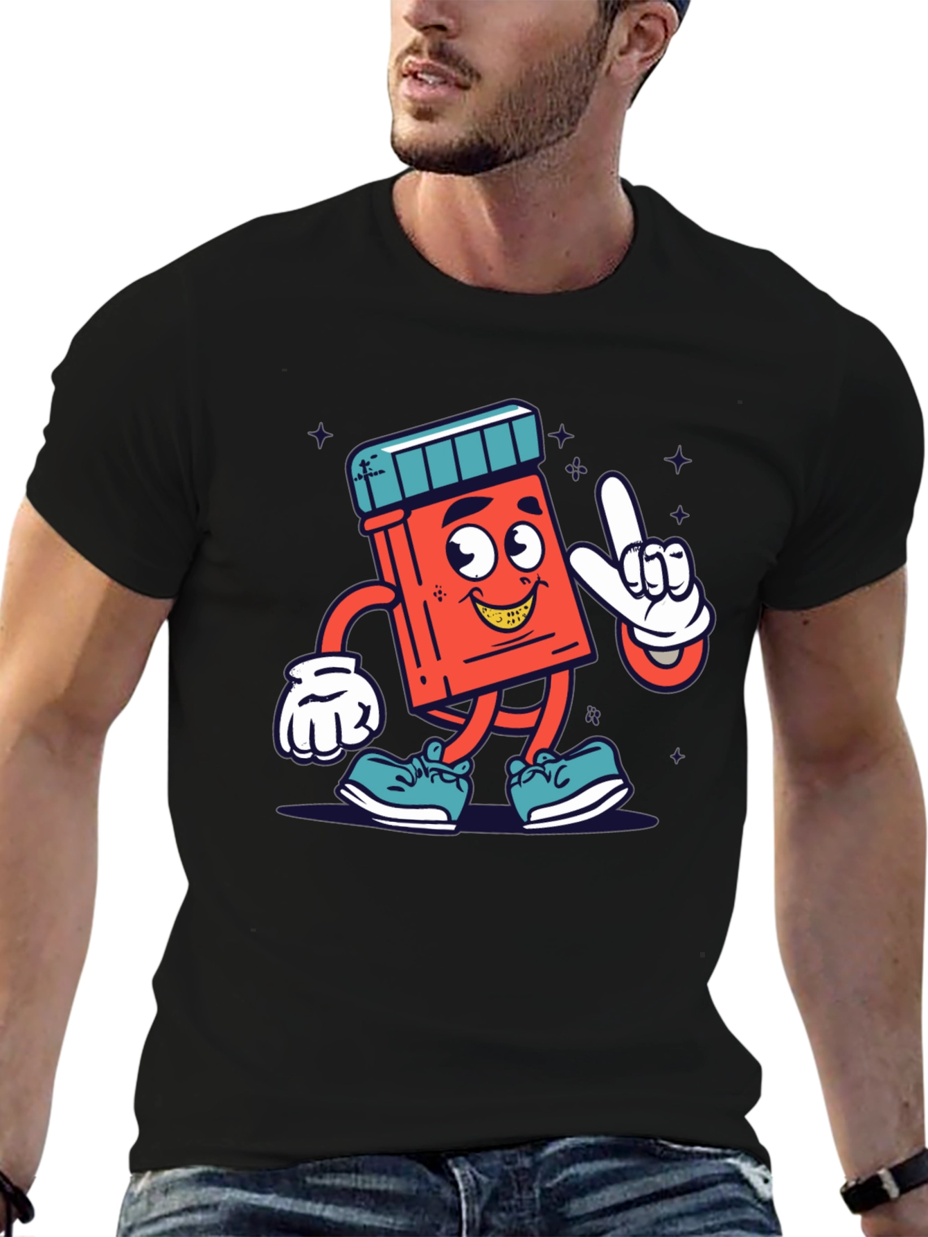 Cartoon Pill Bottle Graphic Tee - Black