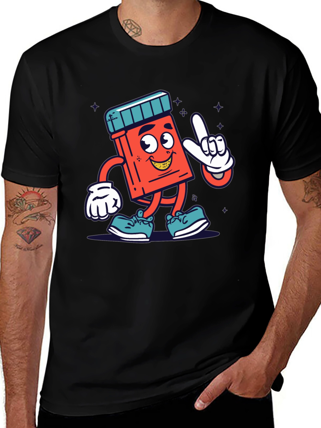 Cartoon Pill Bottle Graphic Tee - Black