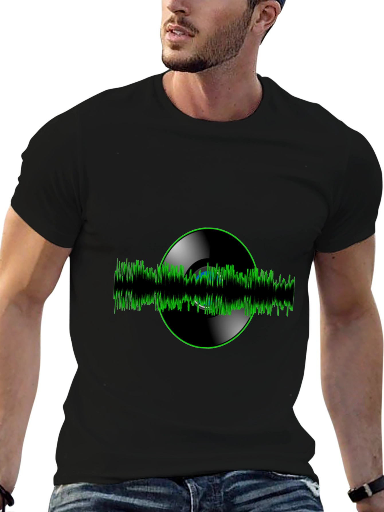 Vinyl Record Green Wave Black T-Shirt